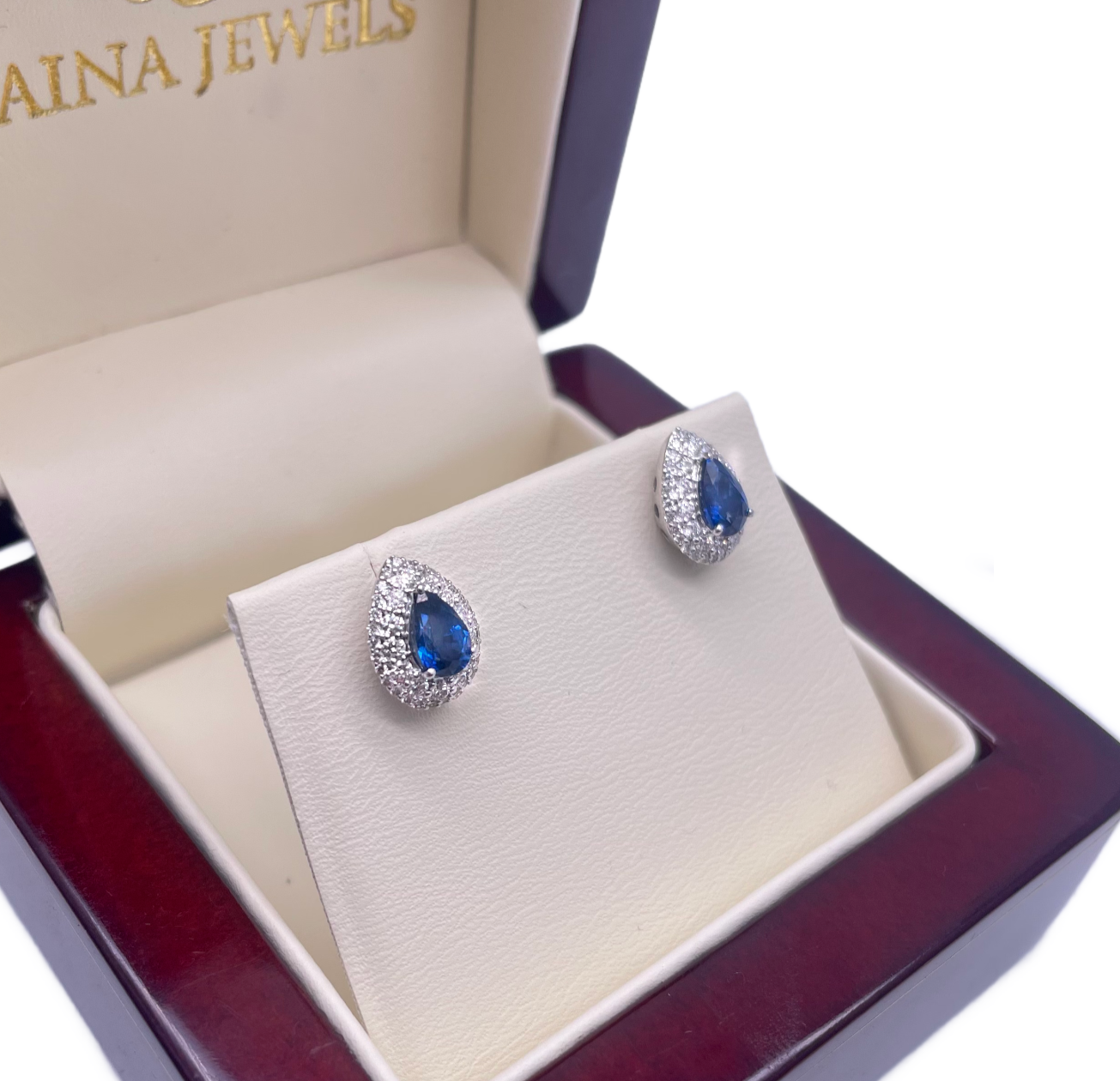 18ct White Gold Double Row Halo Diamond & Blue Sapphire Pear Shape Earring 0.46