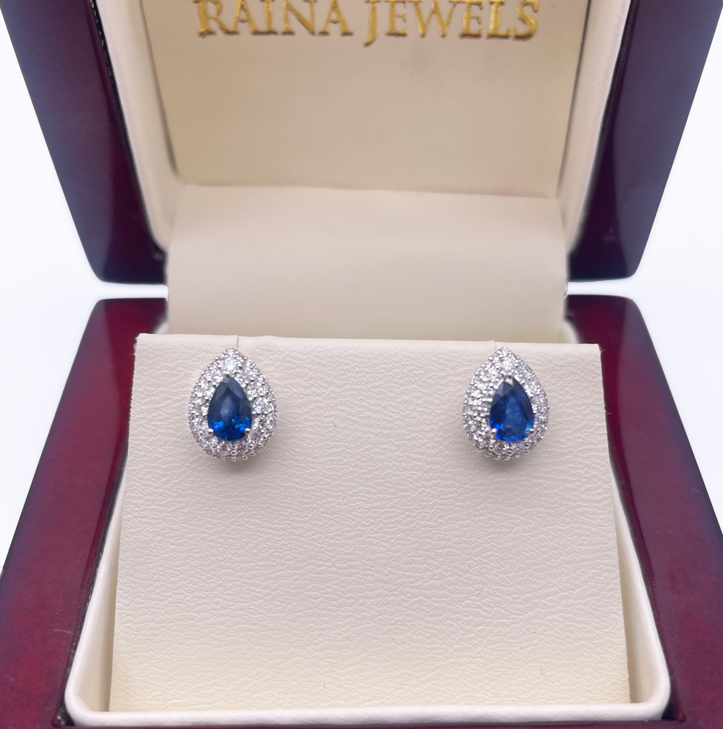 18ct White Gold Double Row Halo Diamond & Blue Sapphire Pear Shape Earring 0.46
