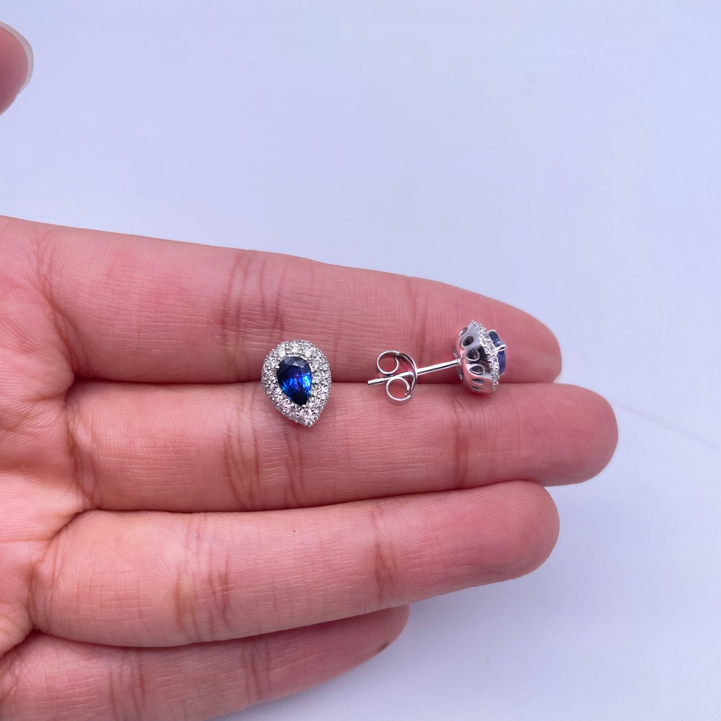 18ct White Gold Double Row Halo Diamond & Blue Sapphire Pear Shape Earring 0.46