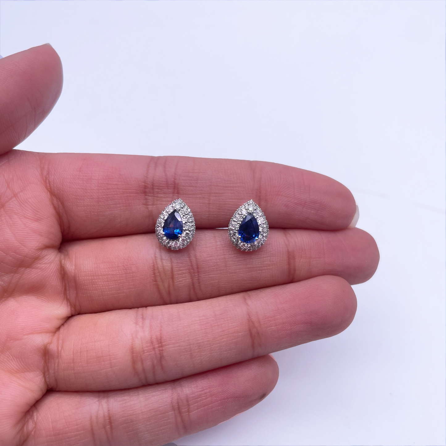18ct White Gold Double Row Halo Diamond & Blue Sapphire Pear Shape Earring 0.46