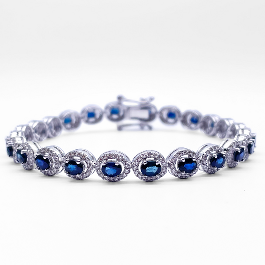 14ct White Gold Diamond & Blue Sapphire Cluster Tennis Bracelet 6.41ct 7'' inch  Diamond Bracelets