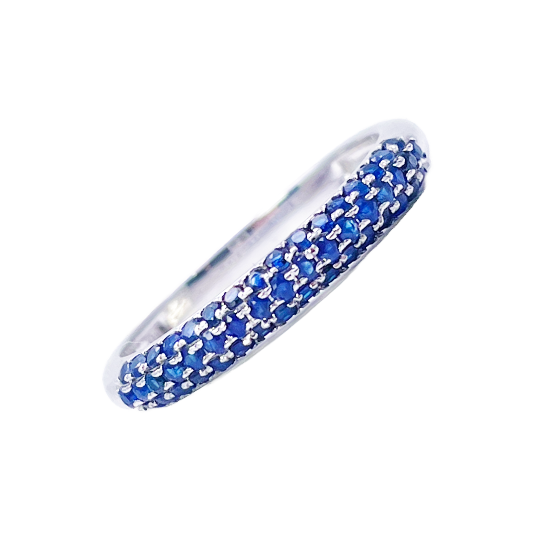 14ct White Gold Blue Sapphire 3 Row Dome Shaped Pave Set Ring 0.41ct