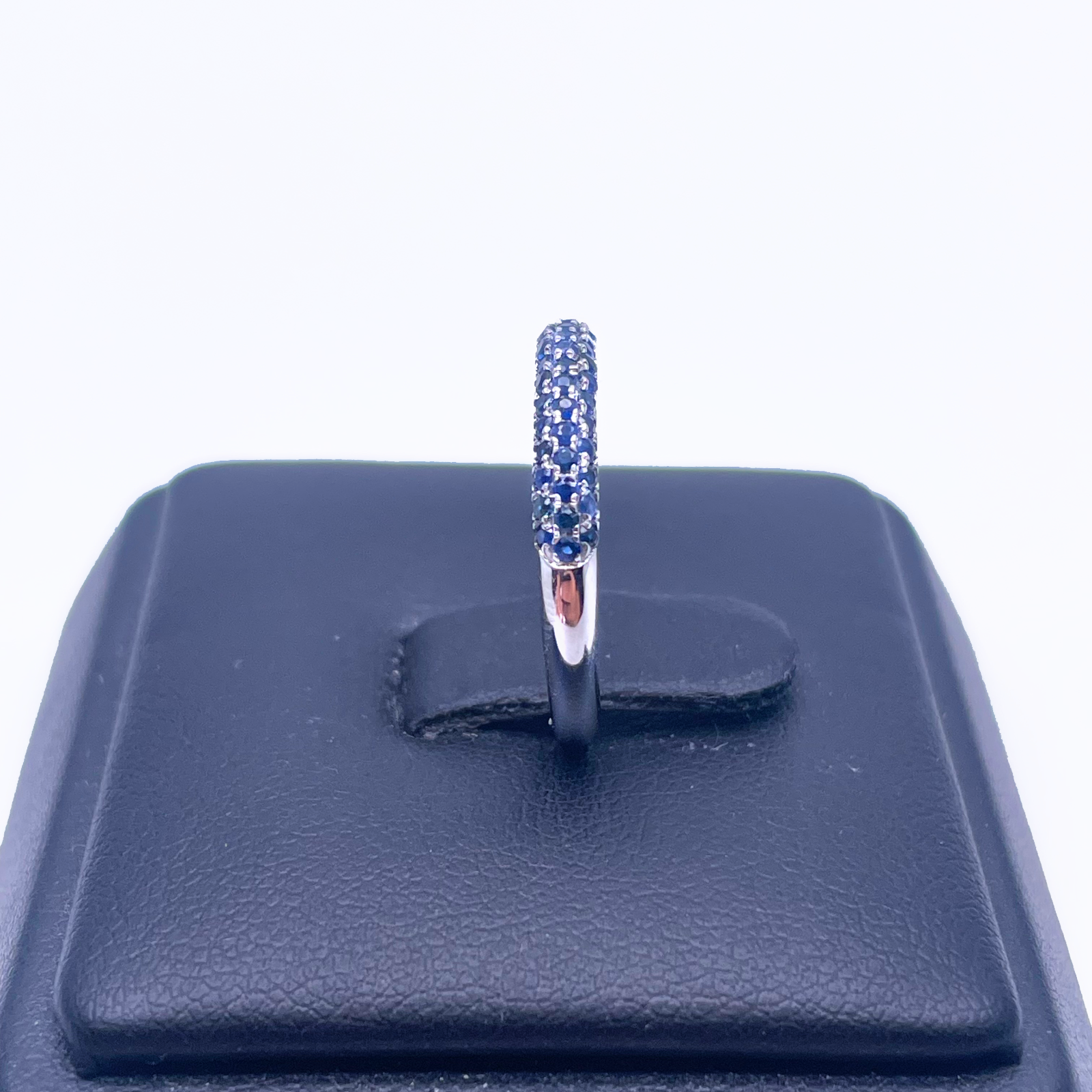 14ct White Gold Blue Sapphire 3 Row Dome Shaped Pave Set Ring 0.41ct