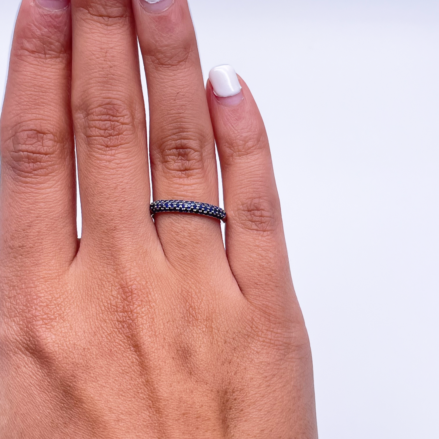 14ct White Gold Blue Sapphire 3 Row Dome Shaped Pave Set Ring 0.41ct