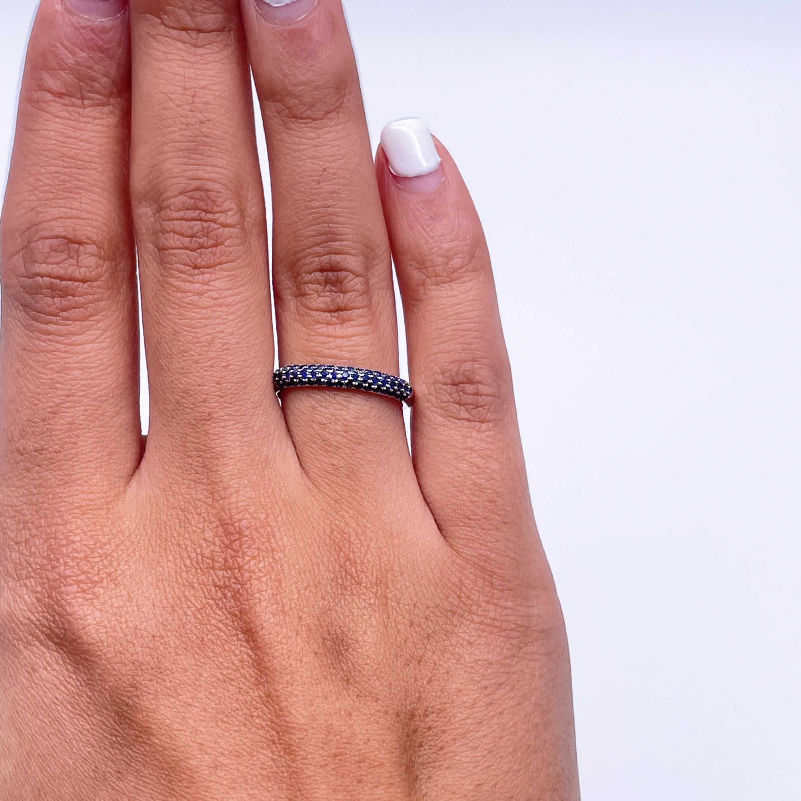 14ct White Gold Blue Sapphire 3 Row Dome Shaped Pave Set Ring 0.41ct