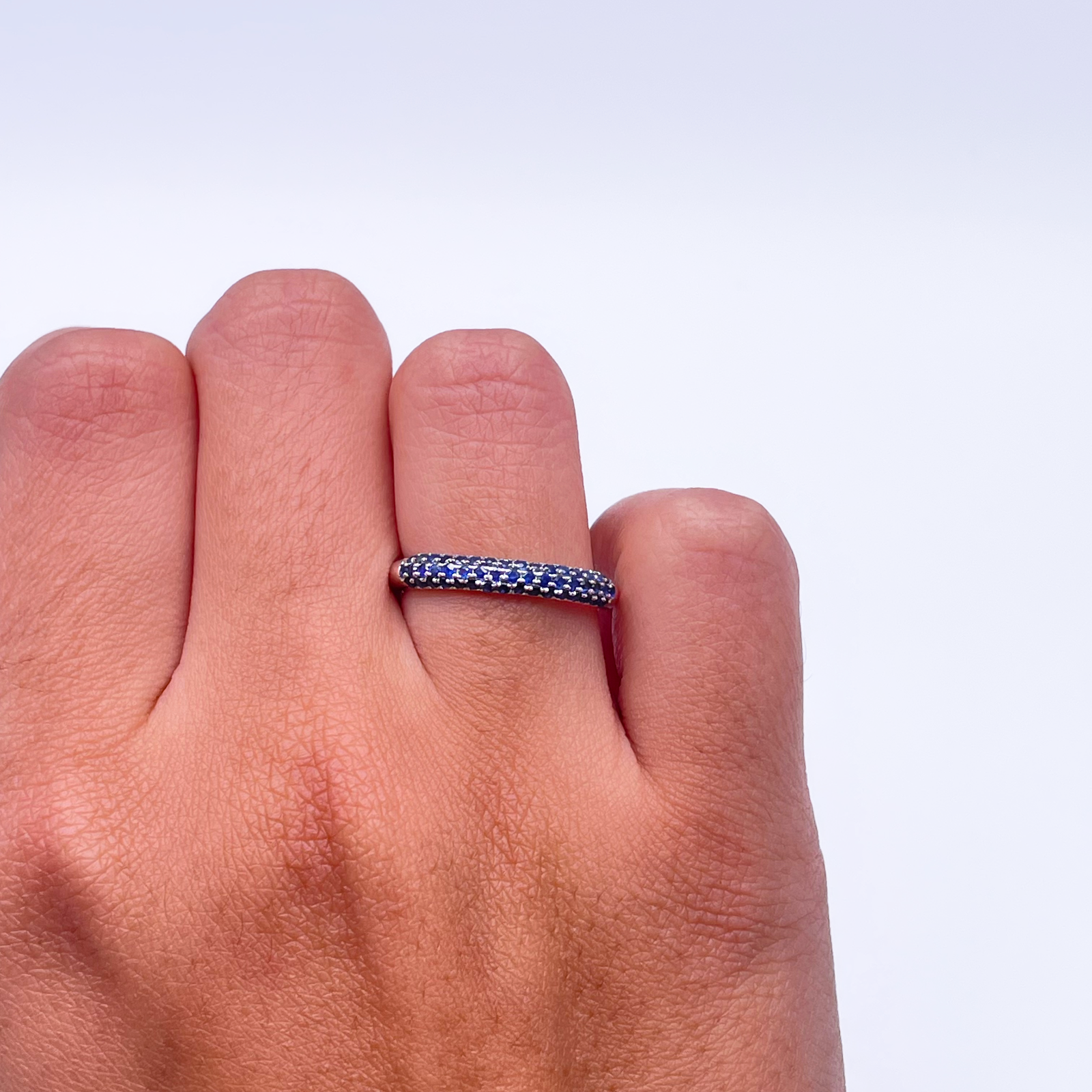 14ct White Gold Blue Sapphire 3 Row Dome Shaped Pave Set Ring 0.41ct