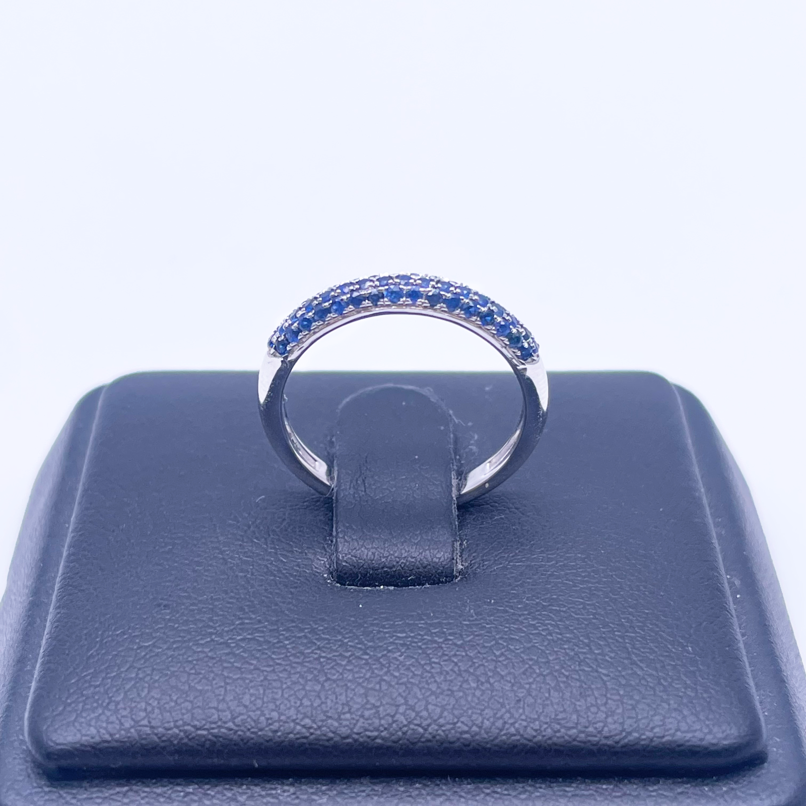 14ct White Gold Blue Sapphire 3 Row Dome Shaped Pave Set Ring 0.41ct