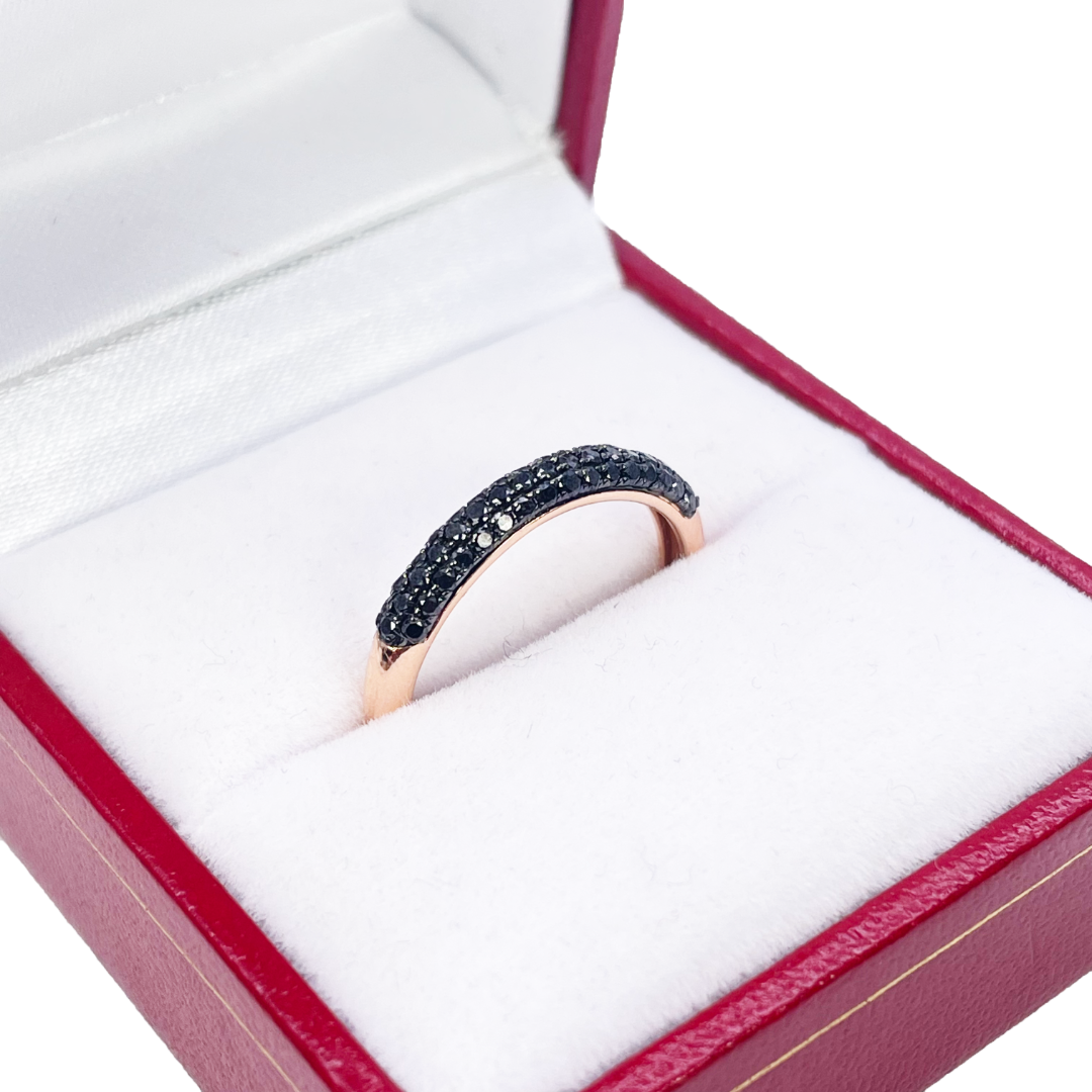 14ct Rose Gold Black Round Diamond 3 Row Dome Shaped Pave Set Ring 0.35ct