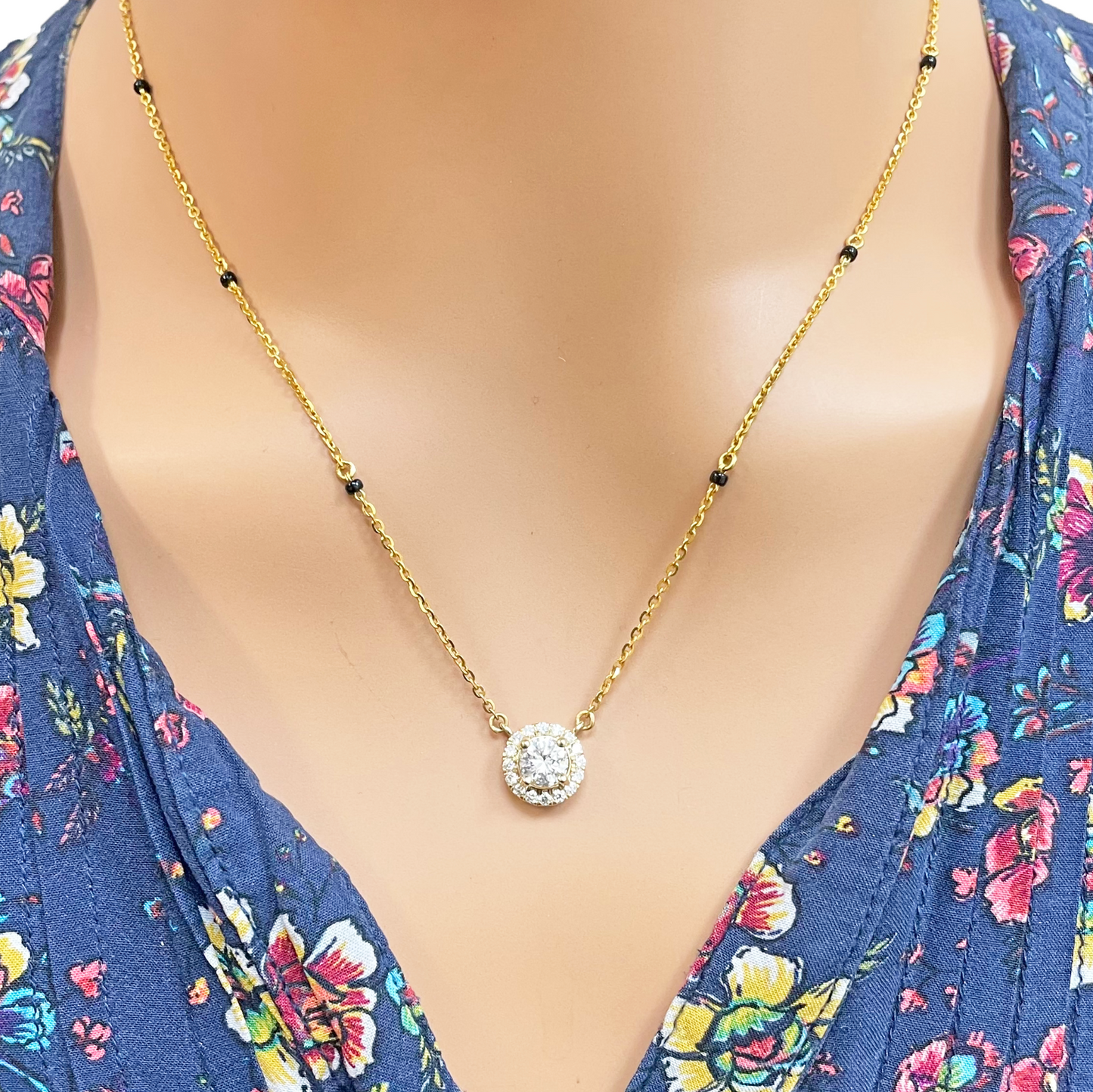 Yellow Gold Mangalsutra Necklace Lab-Created Diamond Halo Pendant 0.70ct
