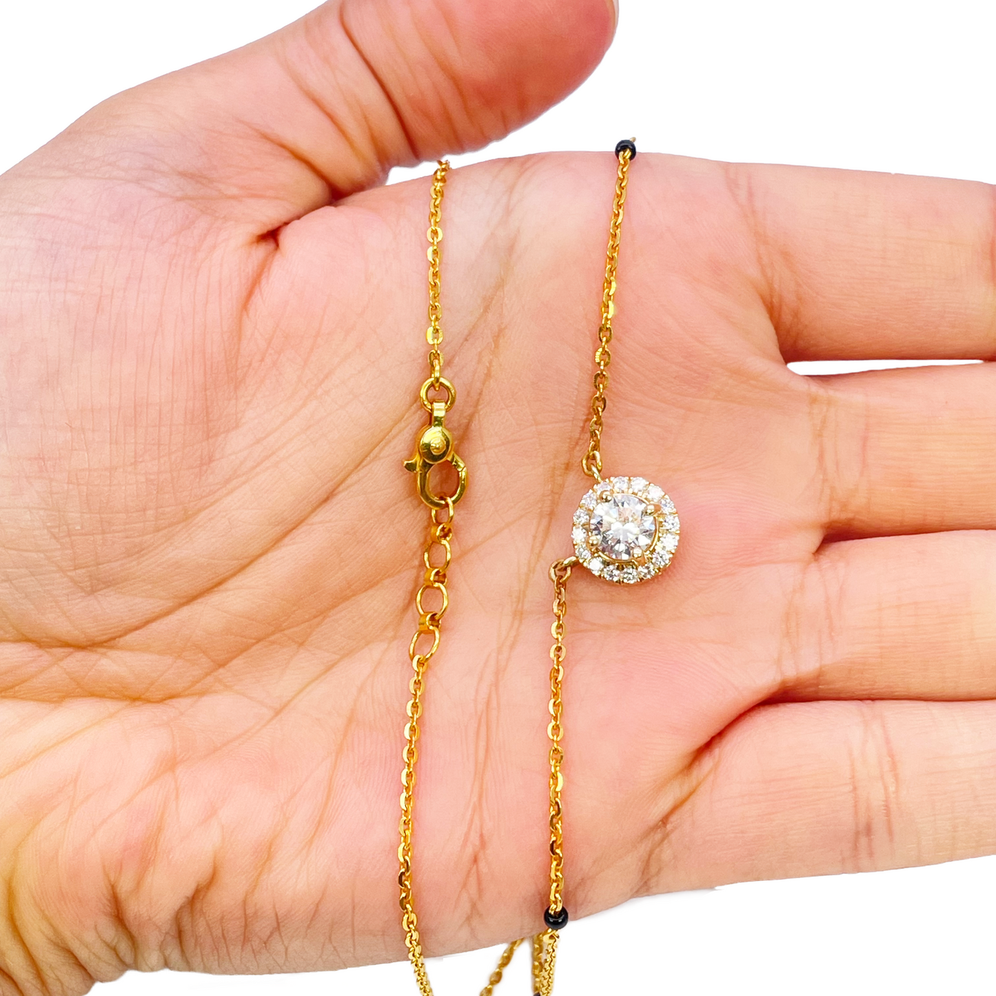 Yellow Gold Mangalsutra Necklace Lab-Created Diamond Halo Pendant 0.70ct