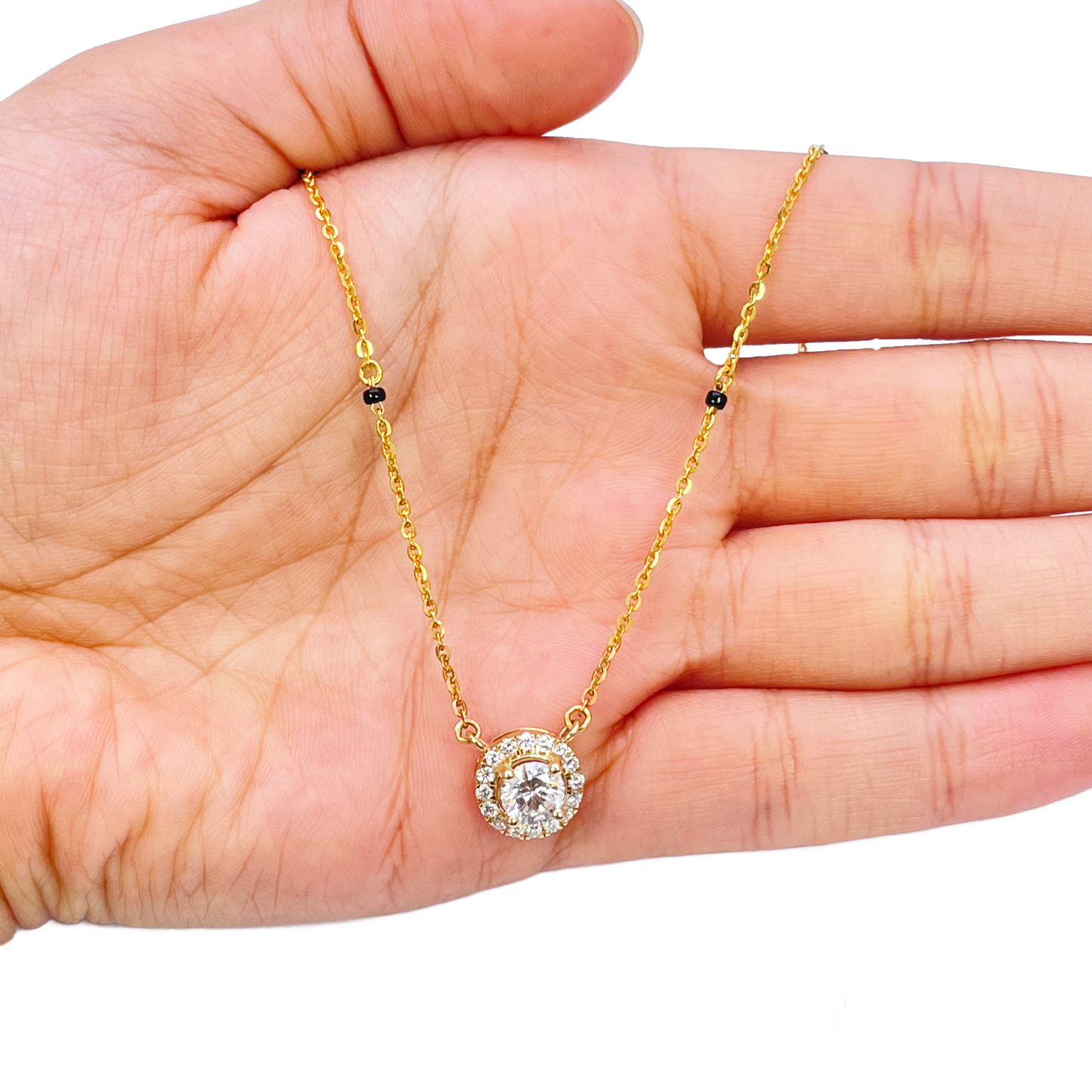 Yellow Gold Mangalsutra Necklace Lab-Created Diamond Halo Pendant 0.70ct