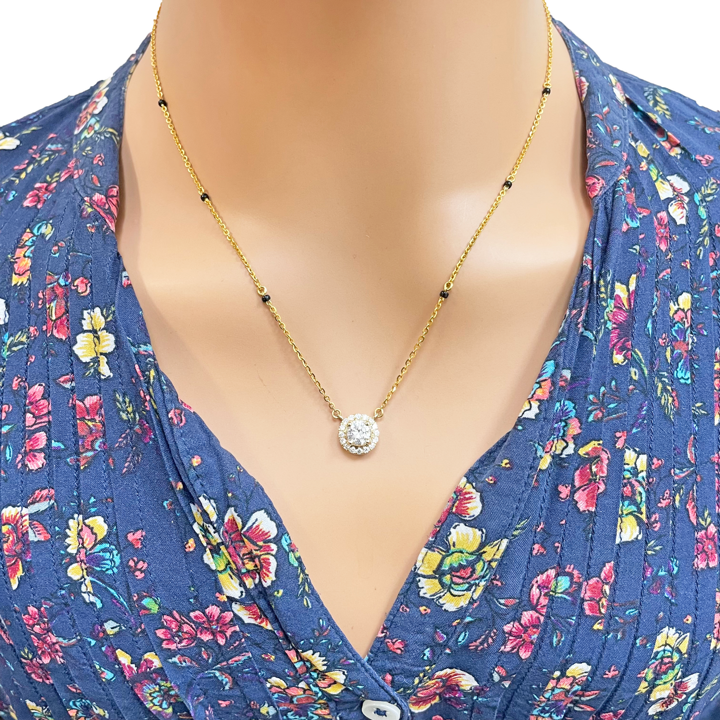 Yellow Gold Mangalsutra Necklace Lab-Created Diamond Halo Pendant 0.70ct