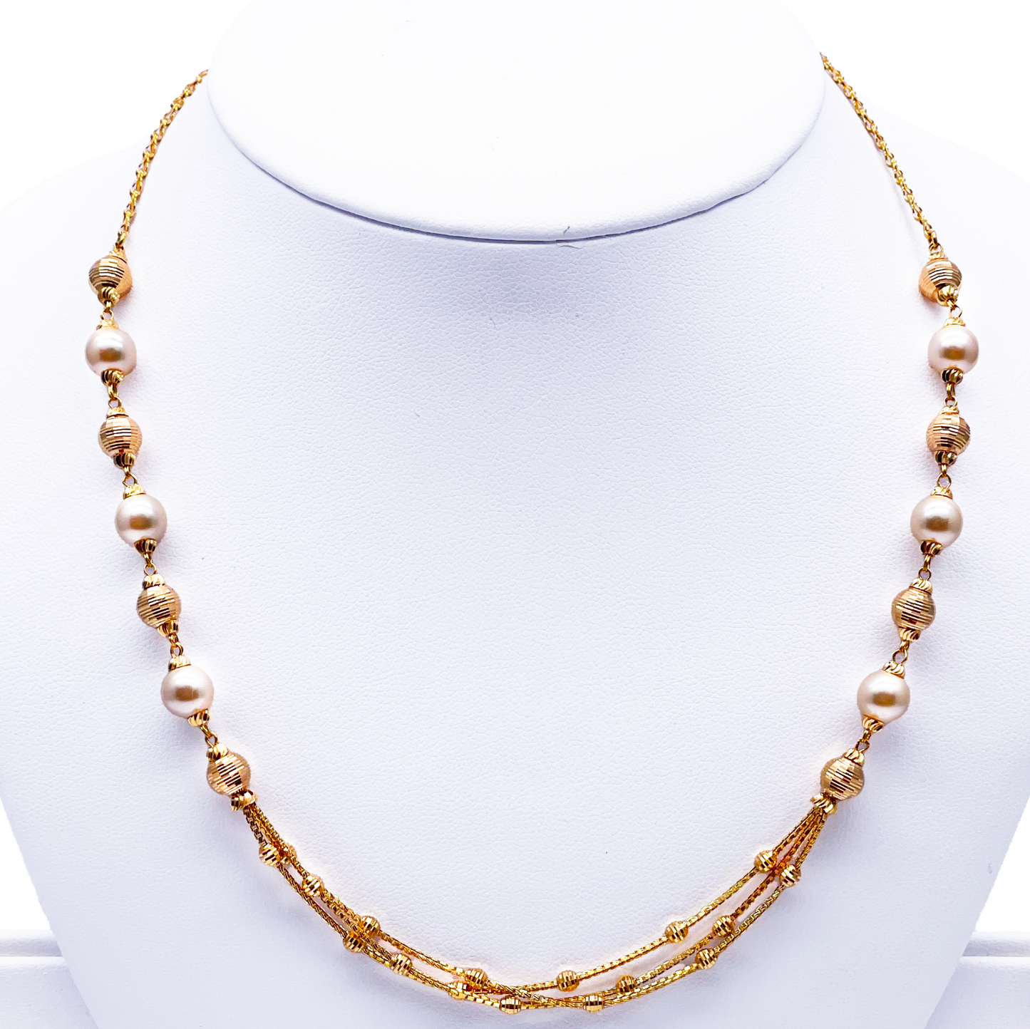 22ct Yellow Gold Pearls & Beaded Diamond Cut Ball Layered Necklace/Earrings Set