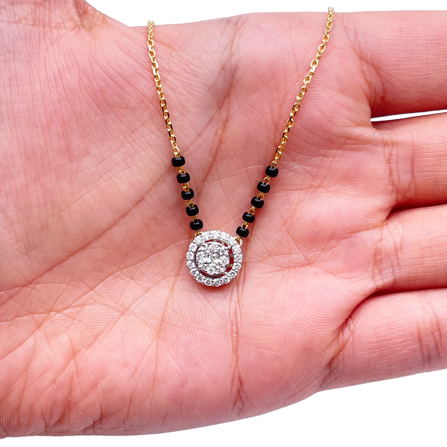 18ct Yellow Gold Natural Diamond Cushion Pendant Mangalsutra Necklace 0.45ct IGI  Mangalsutra Chains