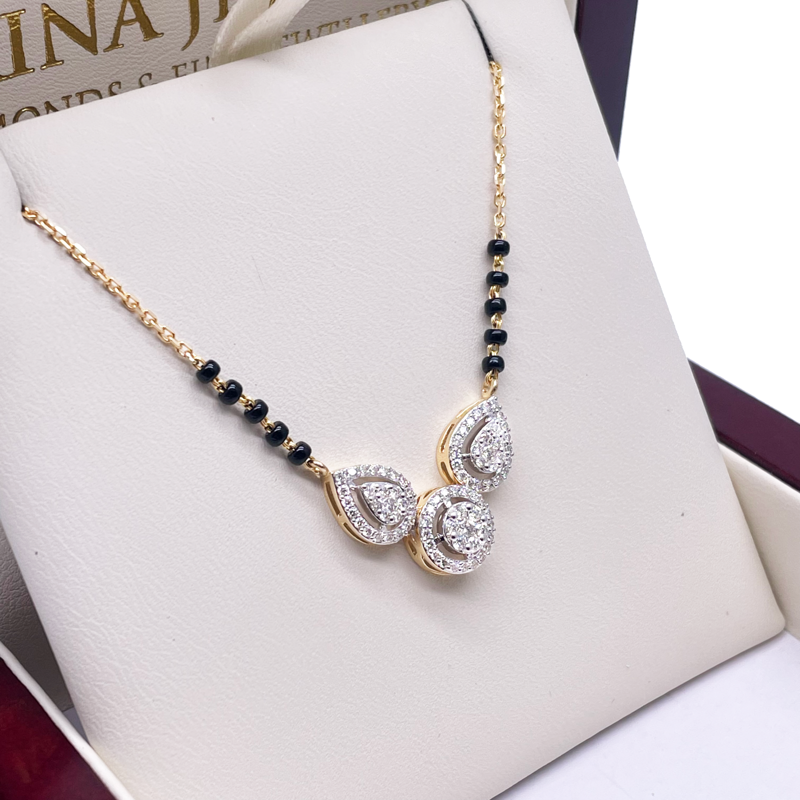 18ct Yellow Gold Natural Diamond Pear Round Halo Mangalsutra Necklace 0.58ct IGI Certified  Mangalsutra Chains
