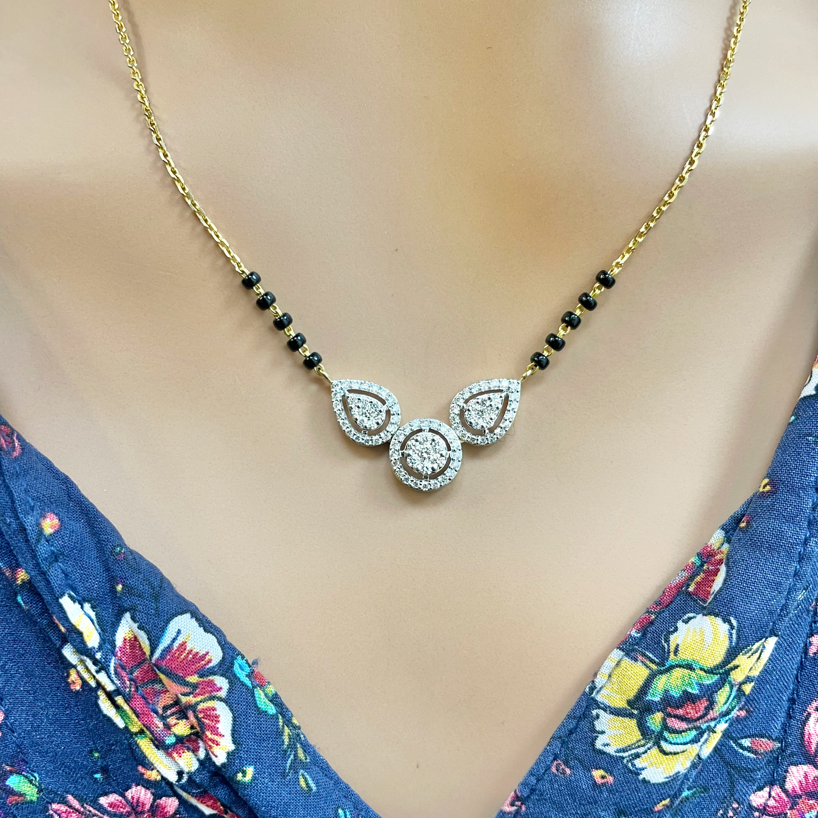 18ct Yellow Gold Natural Diamond Pear Round Halo Mangalsutra Necklace 0.58ct IGI Certified  Mangalsutra Chains