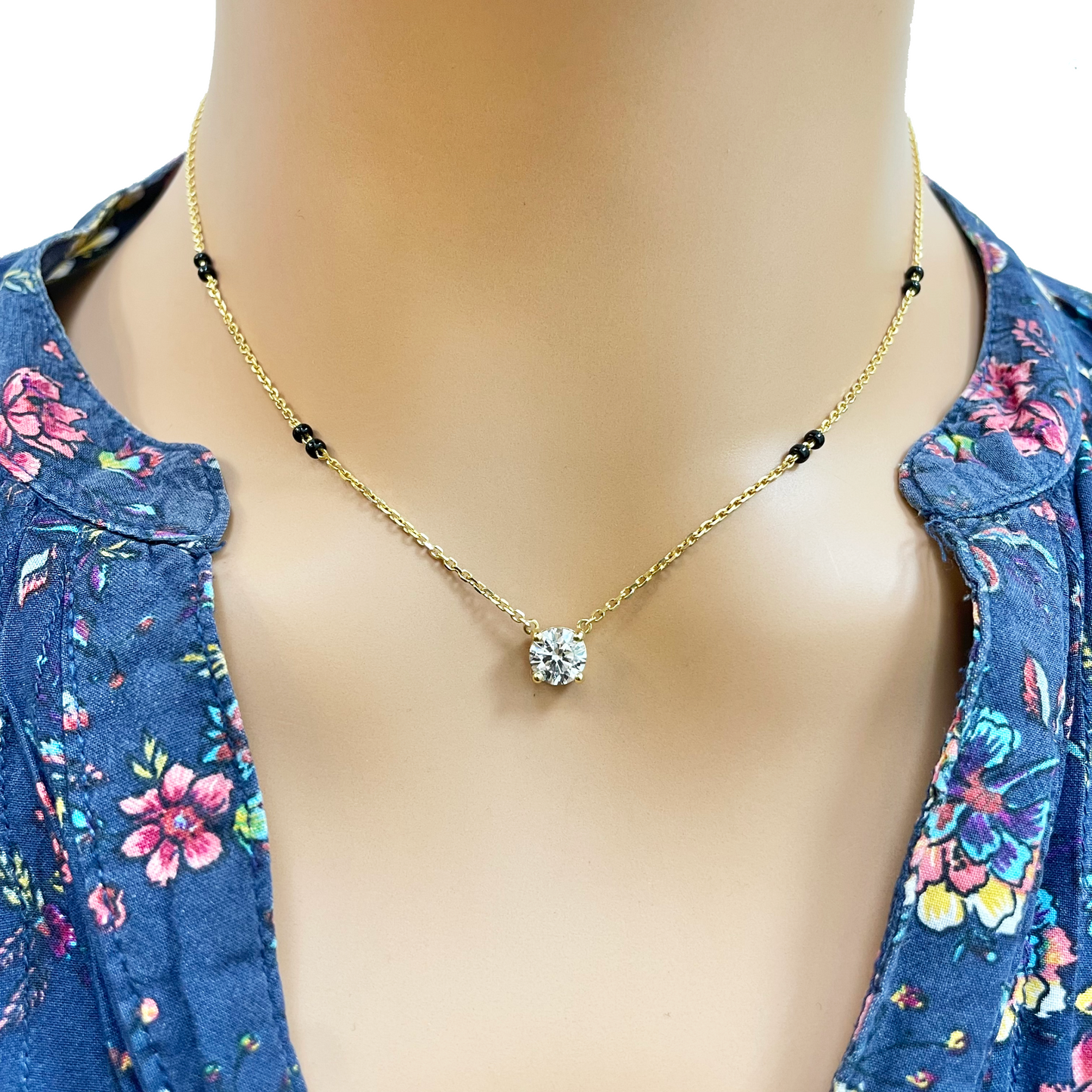 18ct Yellow Gold Lab Grown Diamond 1.00ct Black Beads Mangalsutra Necklace IGI  Mangalsutra Chains