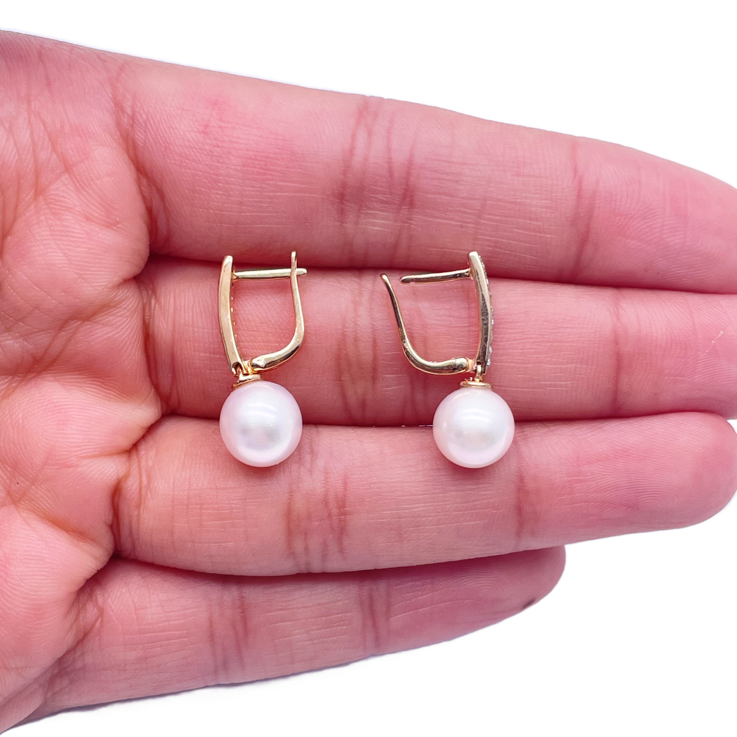 18ct Yellow Gold Freshwater Pearl & Diamonds Drop Hoop Huggie Earrings 0.10cts
