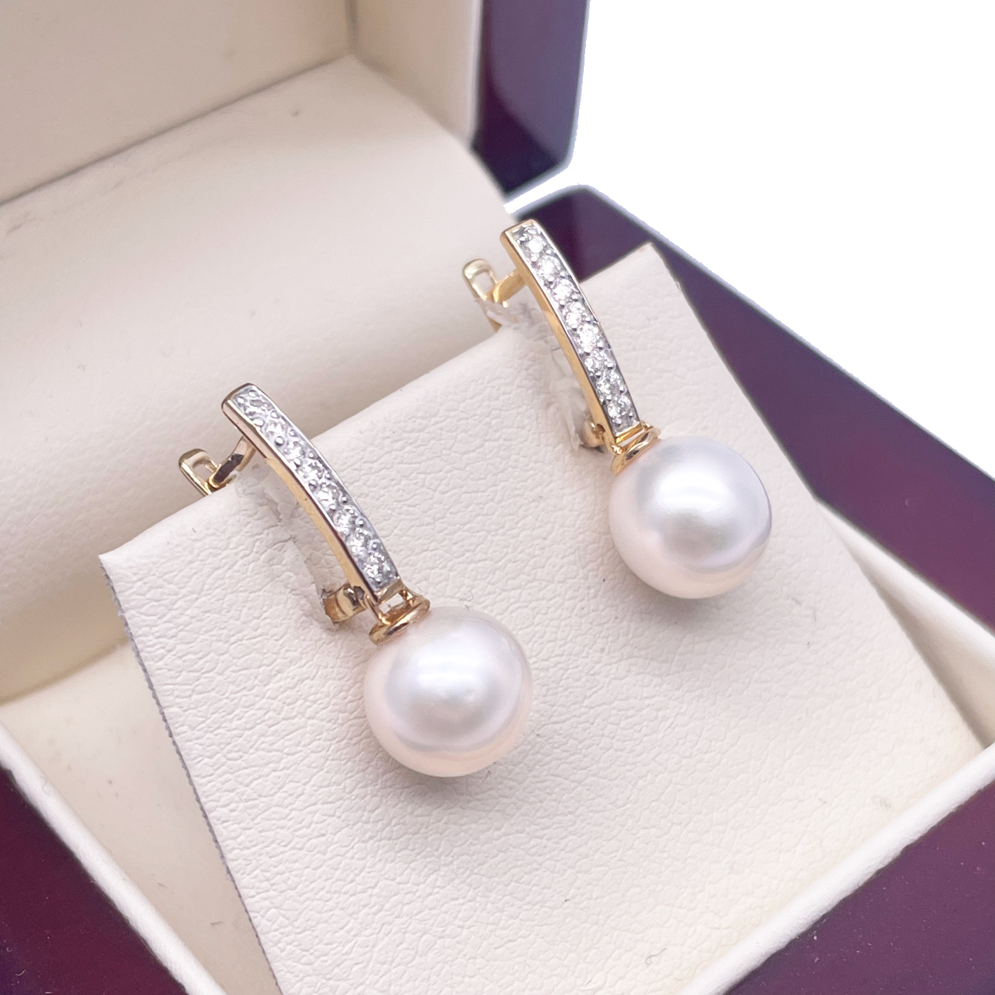 18ct Yellow Gold Freshwater Pearl & Diamonds Drop Hoop Huggie Earrings 0.10cts