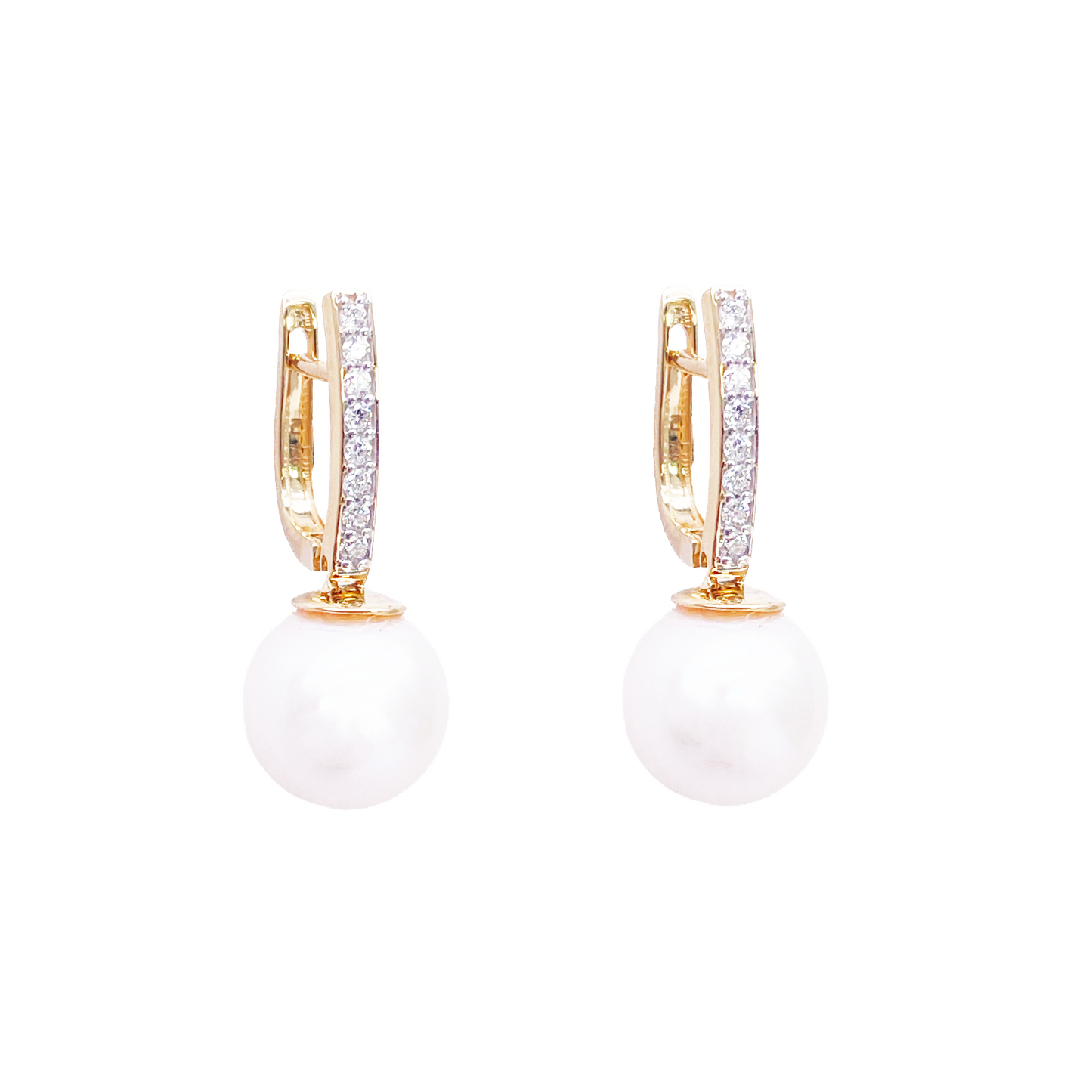 18ct Yellow Gold Freshwater Pearl & Diamonds Drop Hoop Huggie Earrings 0.10cts