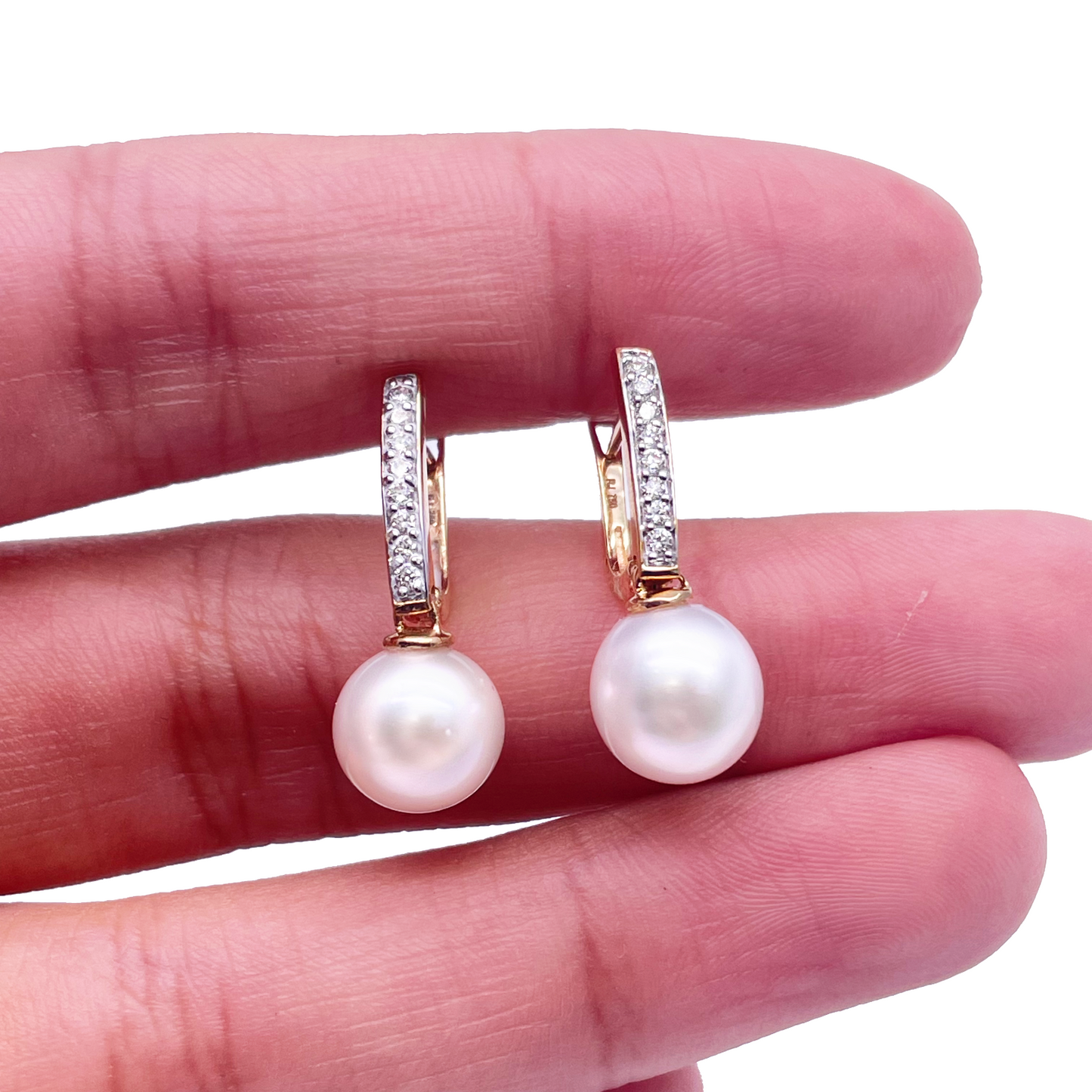 18ct Yellow Gold Freshwater Pearl & Diamonds Drop Hoop Huggie Earrings 0.10cts