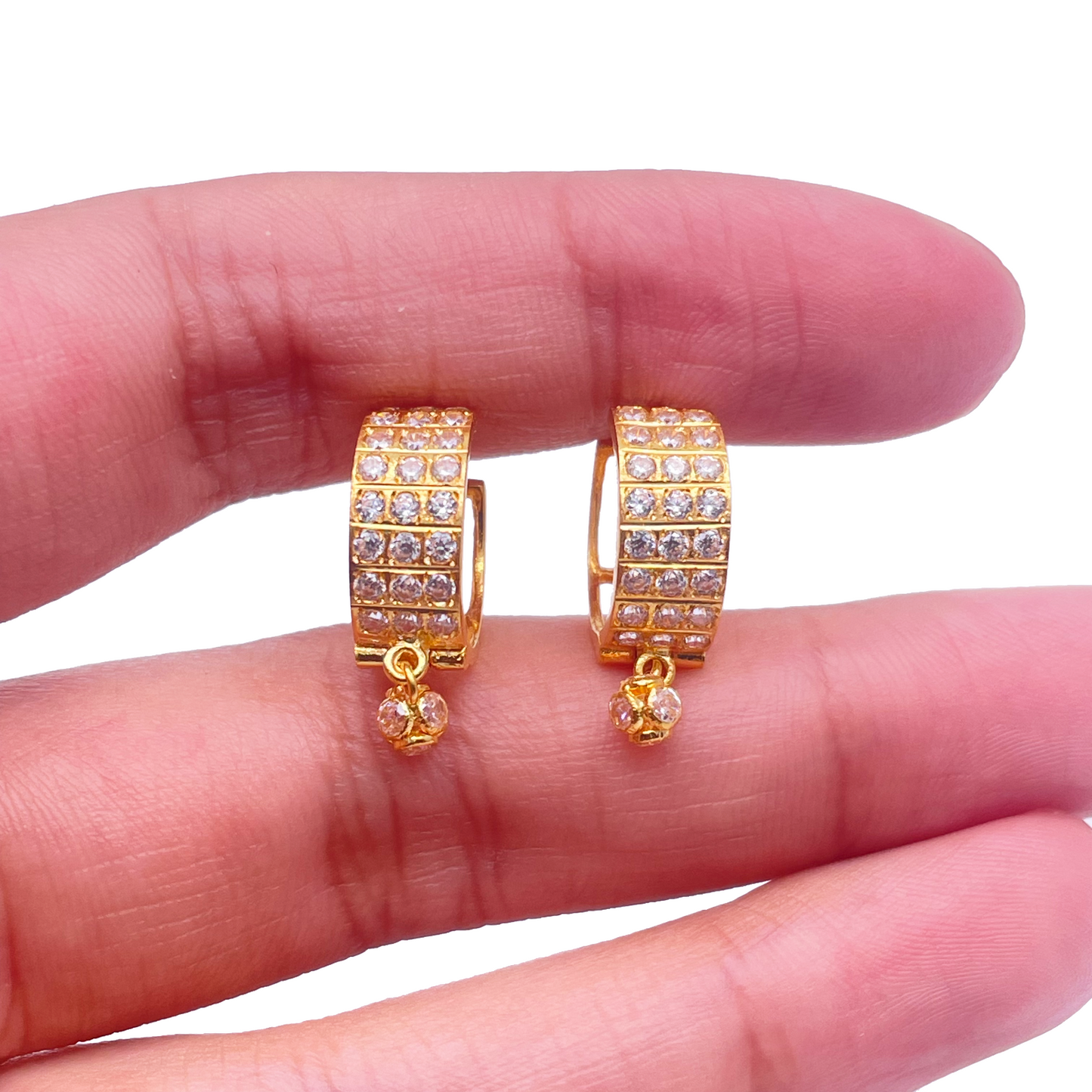 22ct Yellow Gold Triple Row Cubic Zirconia Drop Ball Hoop Huggies Earrings