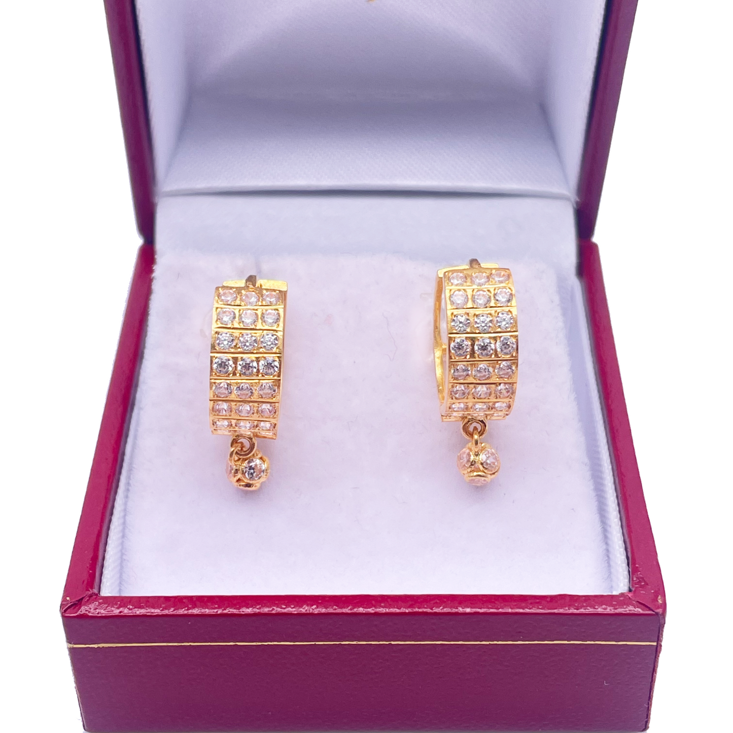 22ct Yellow Gold Triple Row Cubic Zirconia Drop Ball Hoop Huggies Earrings