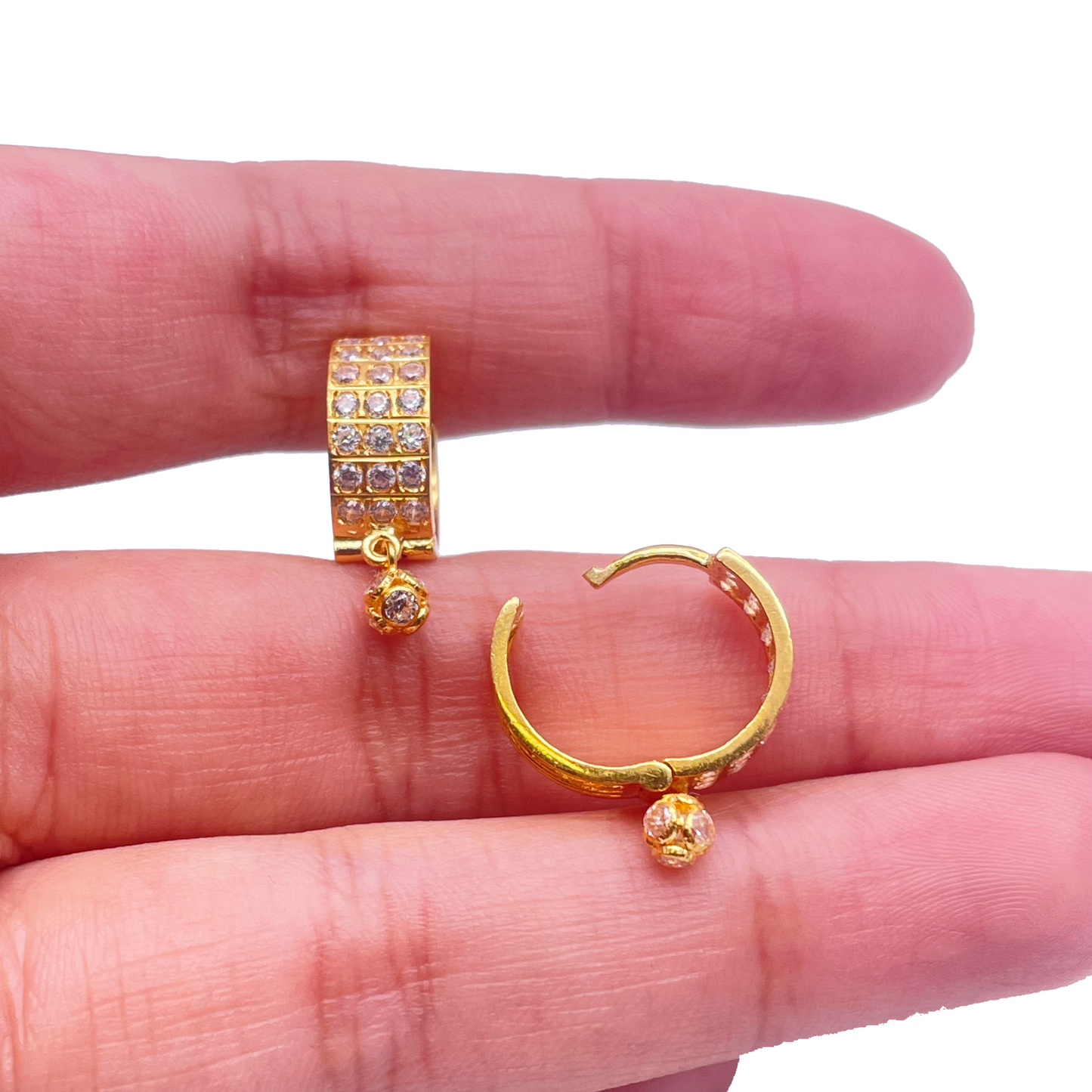 22ct Yellow Gold Triple Row Cubic Zirconia Drop Ball Hoop Huggies Earrings