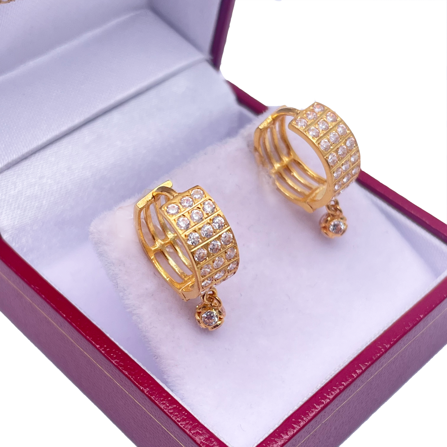 22ct Yellow Gold Triple Row Cubic Zirconia Drop Ball Hoop Huggies Earrings