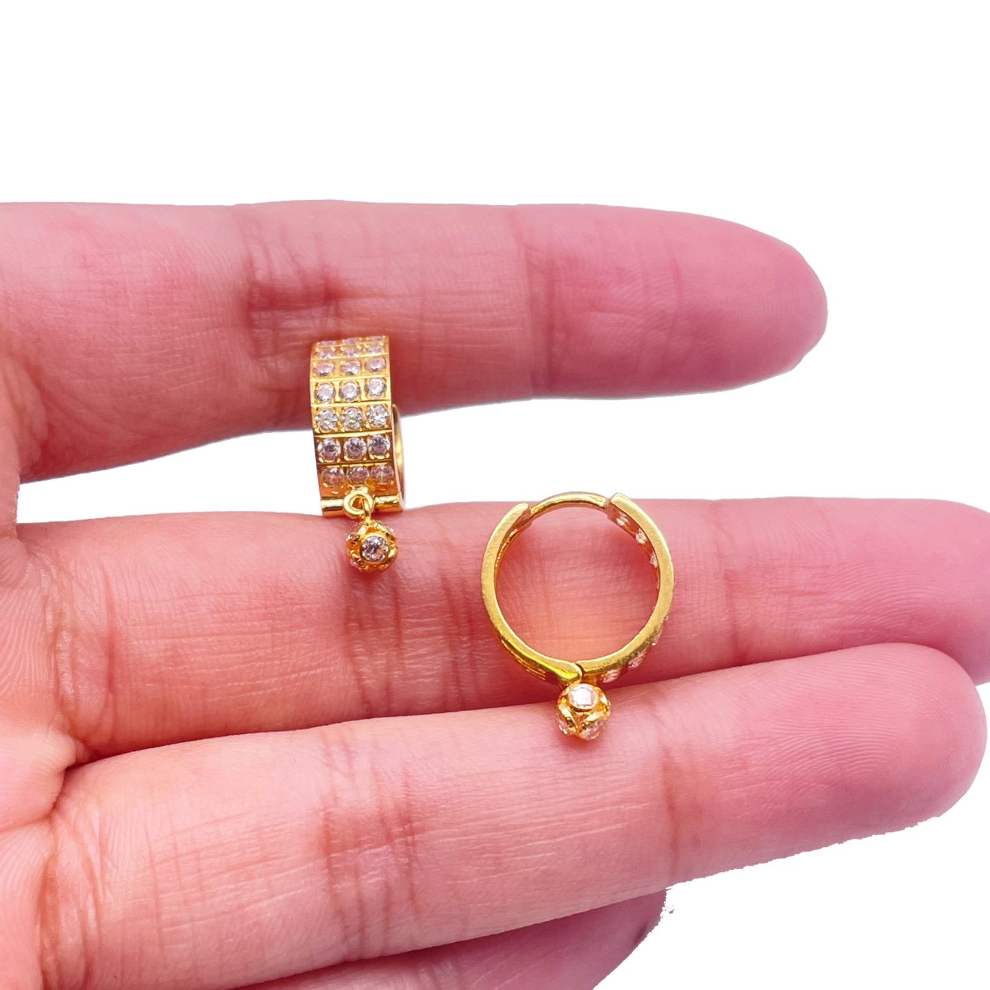 22ct Yellow Gold Triple Row Cubic Zirconia Drop Ball Hoop Huggies Earrings