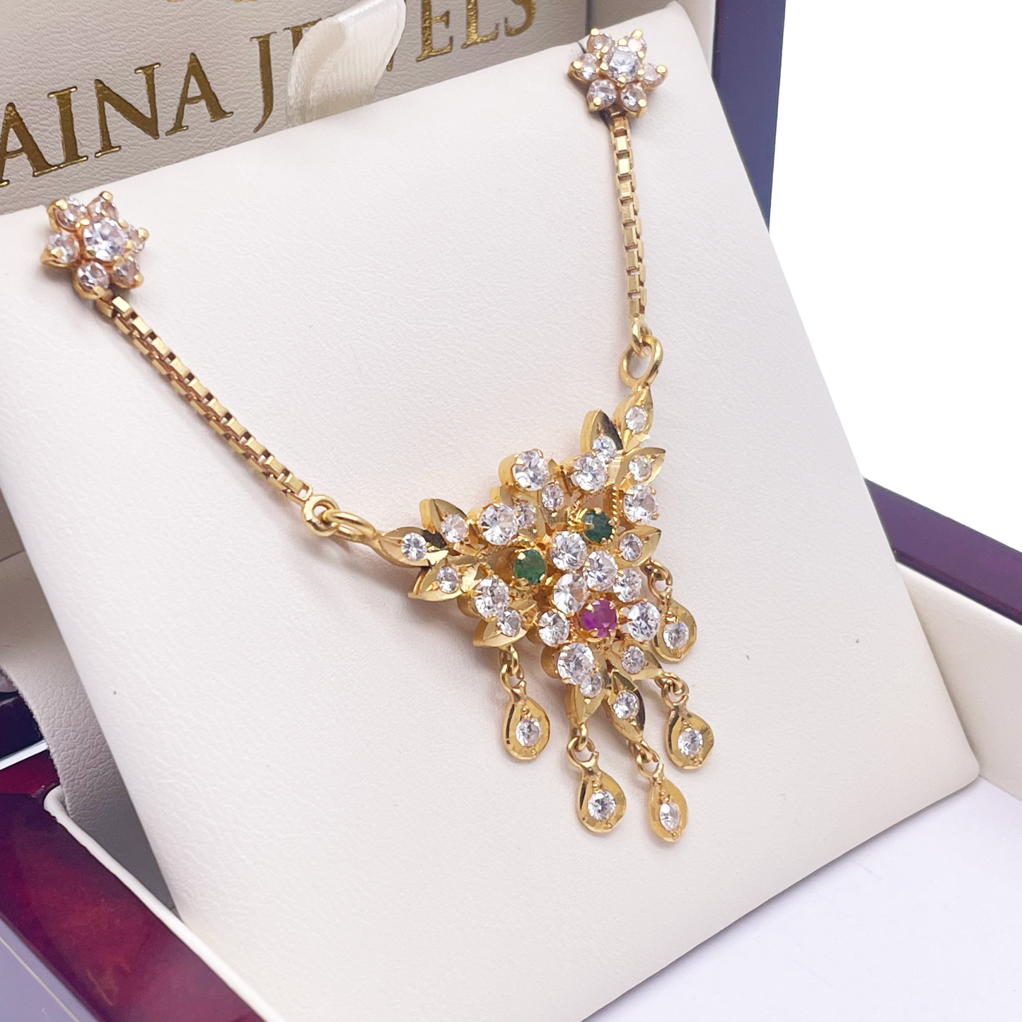 22ct Yellow Gold Antique Cubic Zirconia Necklace & Earring Studs Hallmarked