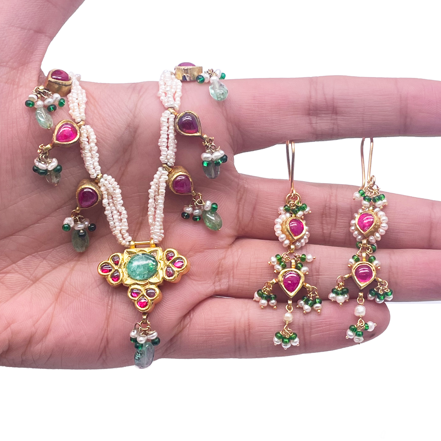 18ct Yellow Gold Antique Small Freshwater Pearl CZ Adjustable Necklace & Earrings