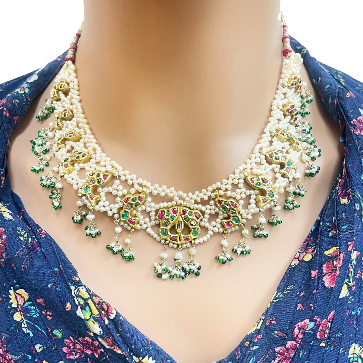18ct Yellow Gold Antique Pearl Uncut Diamonds Adjustable Delphine Necklace