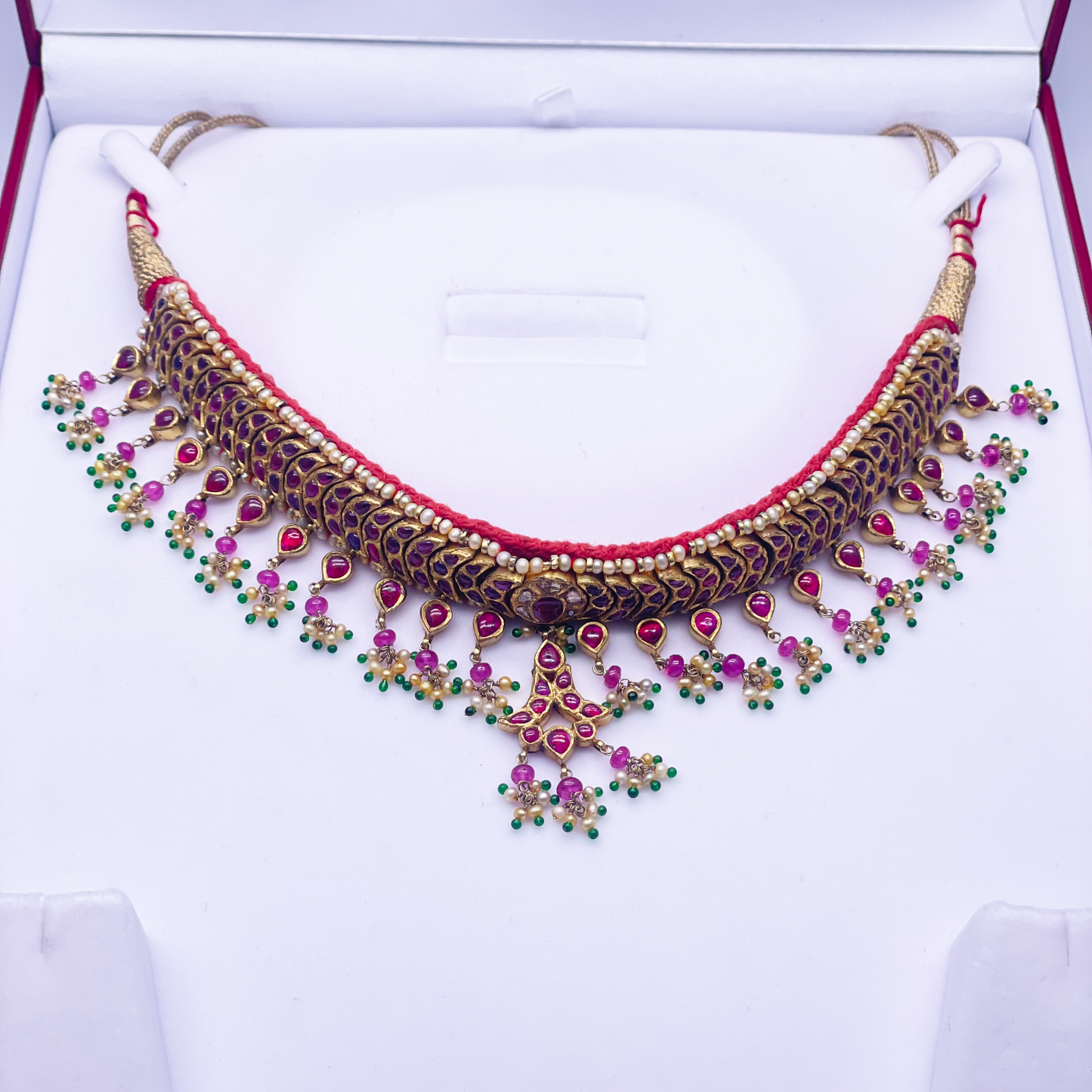 18ct Yellow Gold Antique Choker Uncut Diamond, Pearl, Gemstones Adjustable Necklace & Earrings
