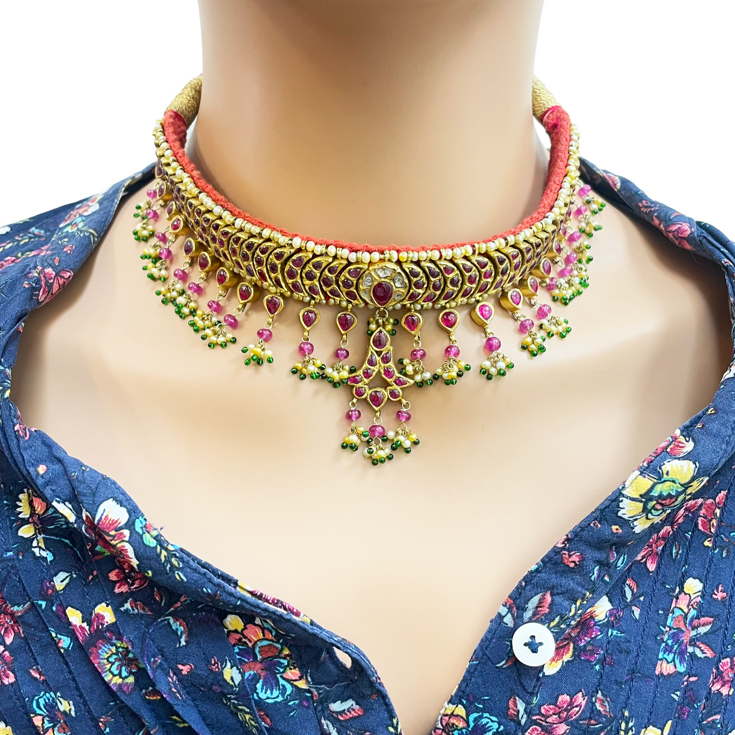 18ct Yellow Gold Antique Choker Uncut Diamond, Pearl, Gemstones Adjustable Necklace & Earrings