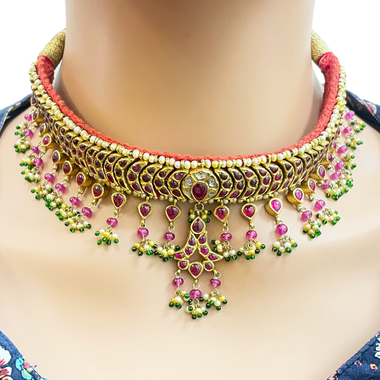 18ct Yellow Gold Antique Choker Uncut Diamond, Pearl, Gemstones Adjustable Necklace & Earrings