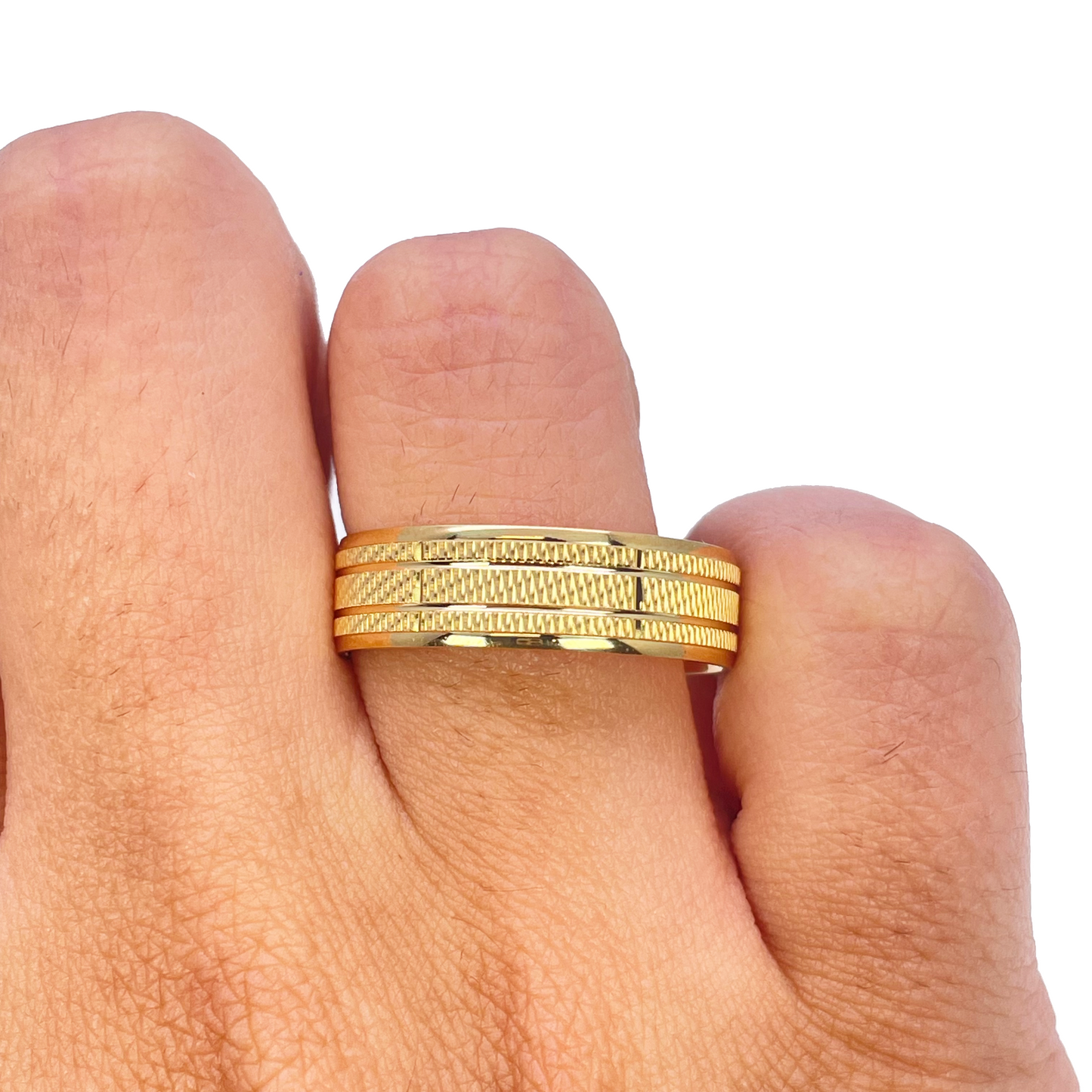 22ct Yellow Gold High Polished & Triple Row Textured Men's Wedding Band 6mm