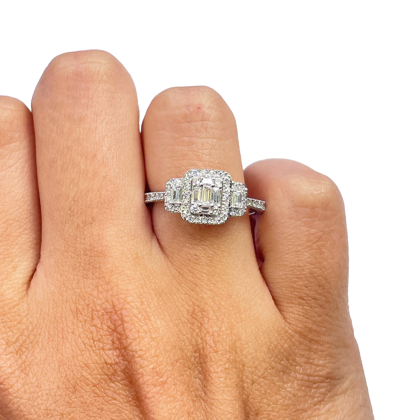 18ct White Gold Cushion Round Diamond & Baguette Ring 0.50ct Diamond Ring