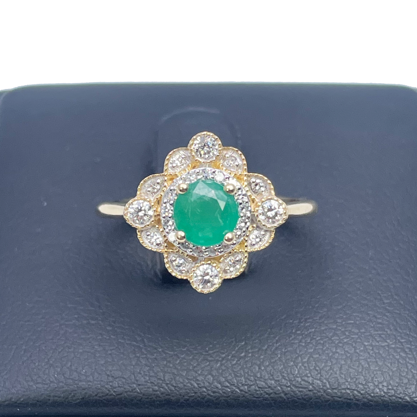 14ct Yellow Gold Round Green Emerald & Diamond Cluster Milgrain Ring 0.72ct