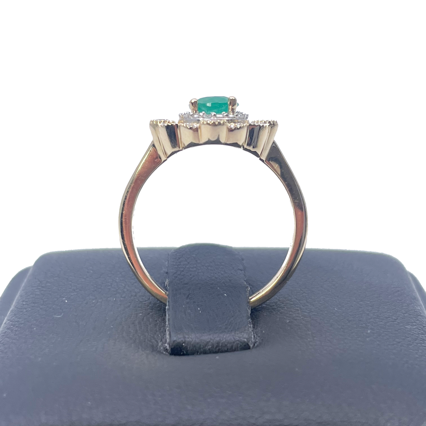 14ct Yellow Gold Round Green Emerald & Diamond Cluster Milgrain Ring 0.72ct