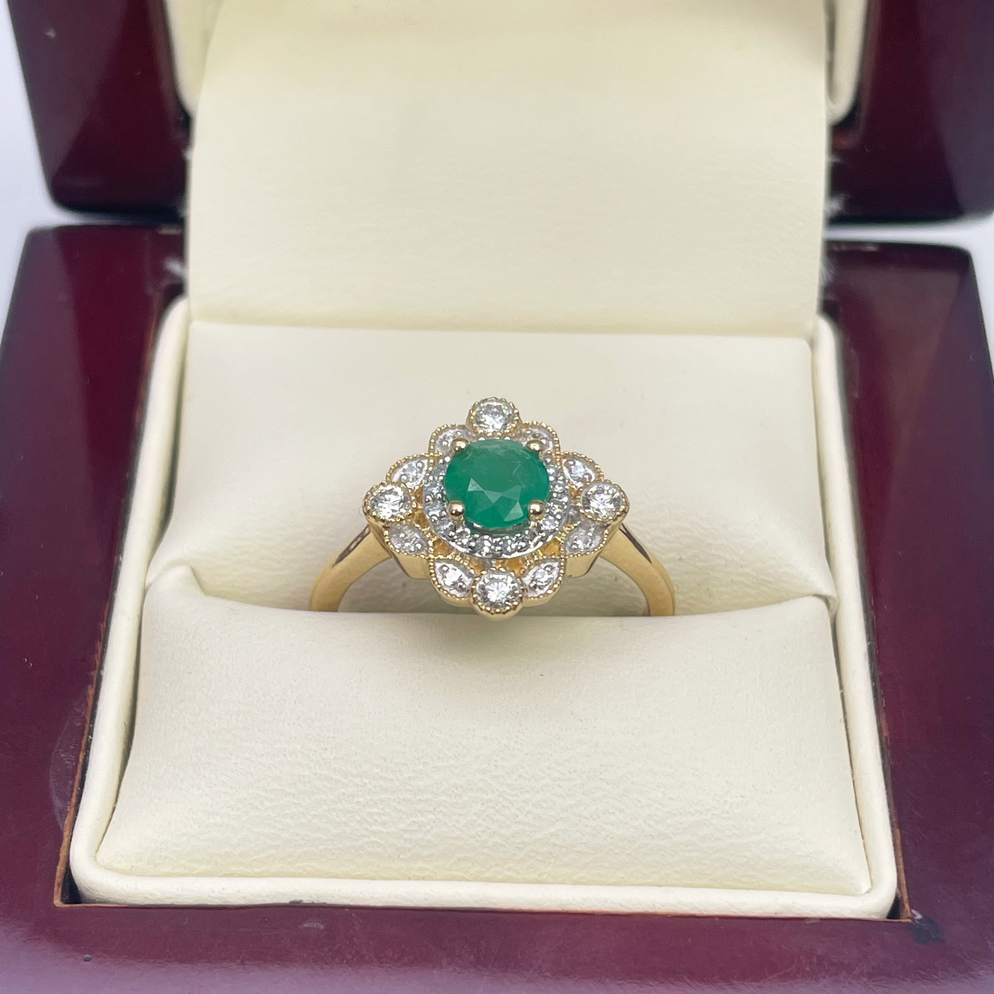 14ct Yellow Gold Round Green Emerald & Diamond Cluster Milgrain Ring 0.72ct