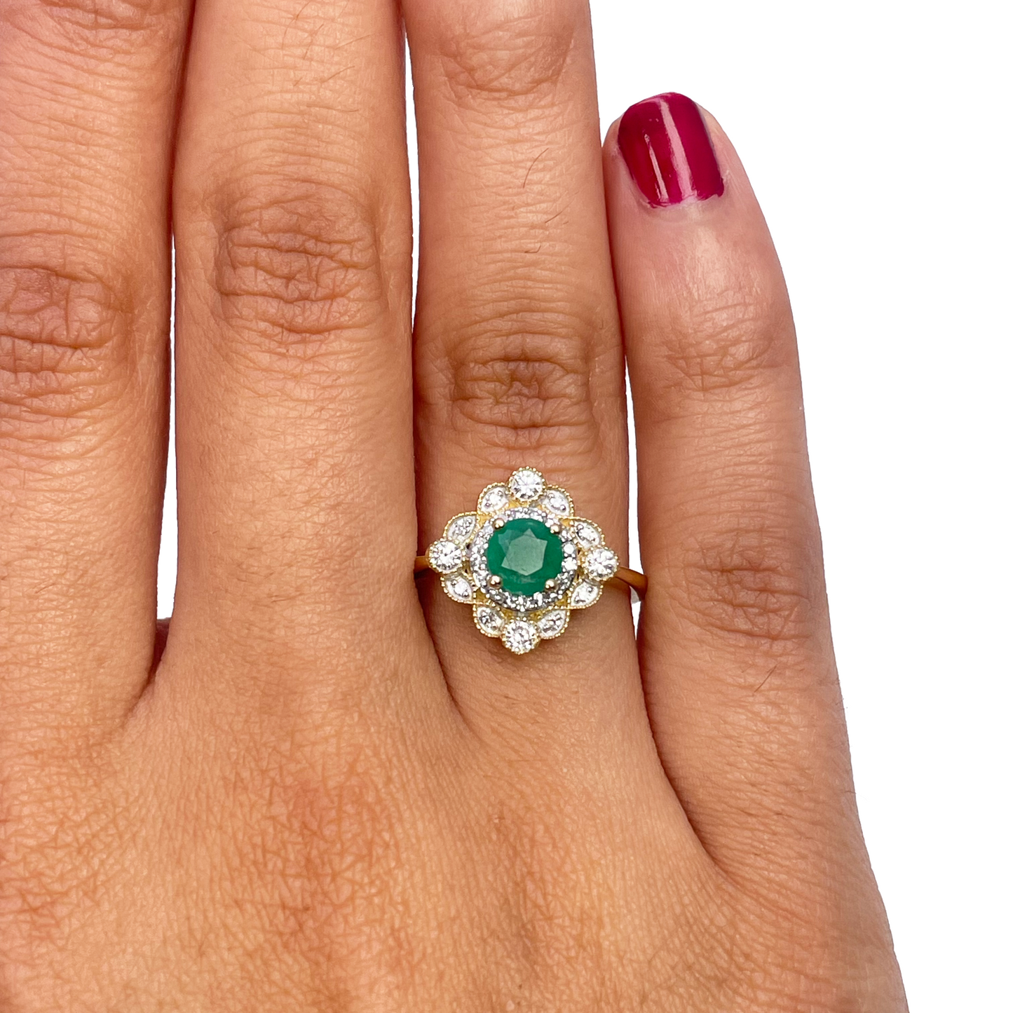 14ct Yellow Gold Round Green Emerald & Diamond Cluster Milgrain Ring 0.72ct