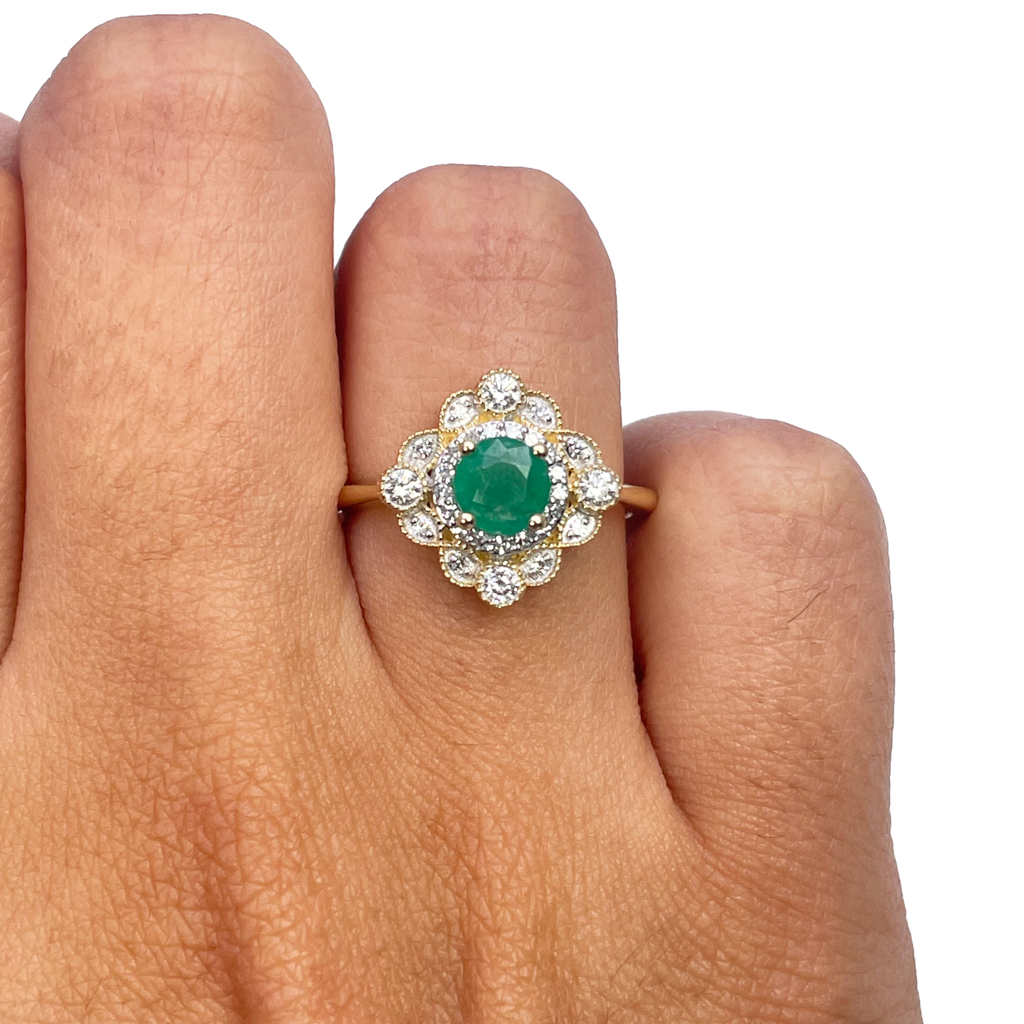 14ct Yellow Gold Round Green Emerald & Diamond Cluster Milgrain Ring 0.72ct