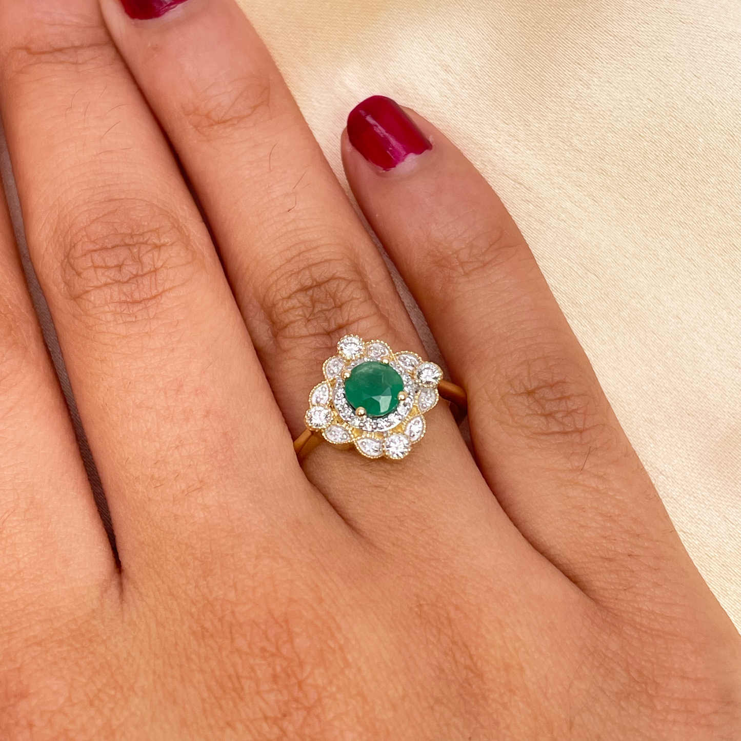 14ct Yellow Gold Round Green Emerald & Diamond Cluster Milgrain Ring 0.72ct