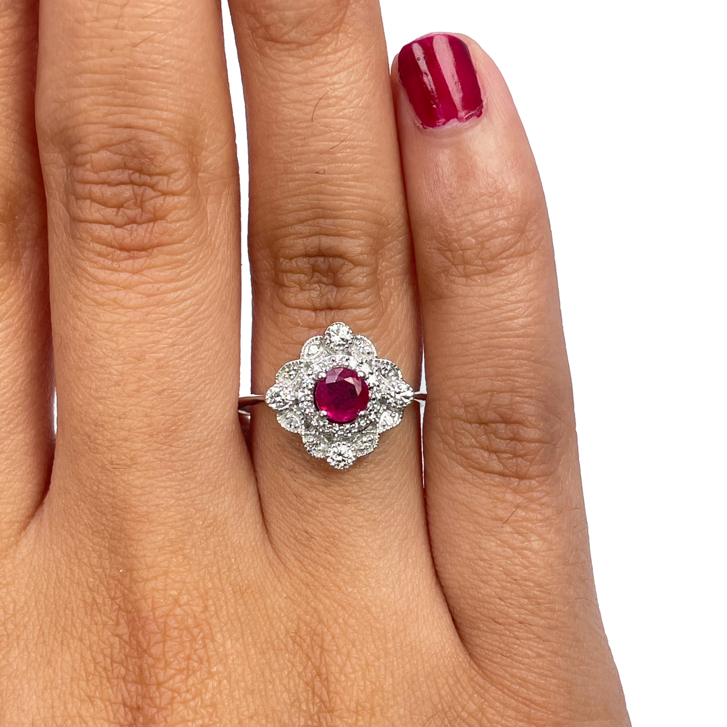 14ct White Gold Round Red Ruby & Diamond Cluster Milgrain Ring 0.72ct