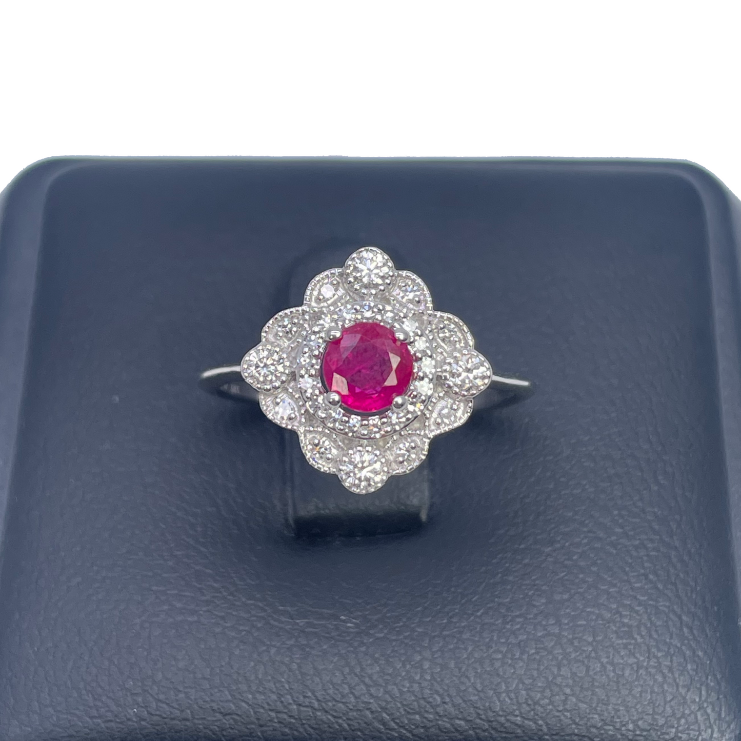 14ct White Gold Round Red Ruby & Diamond Cluster Milgrain Ring 0.72ct