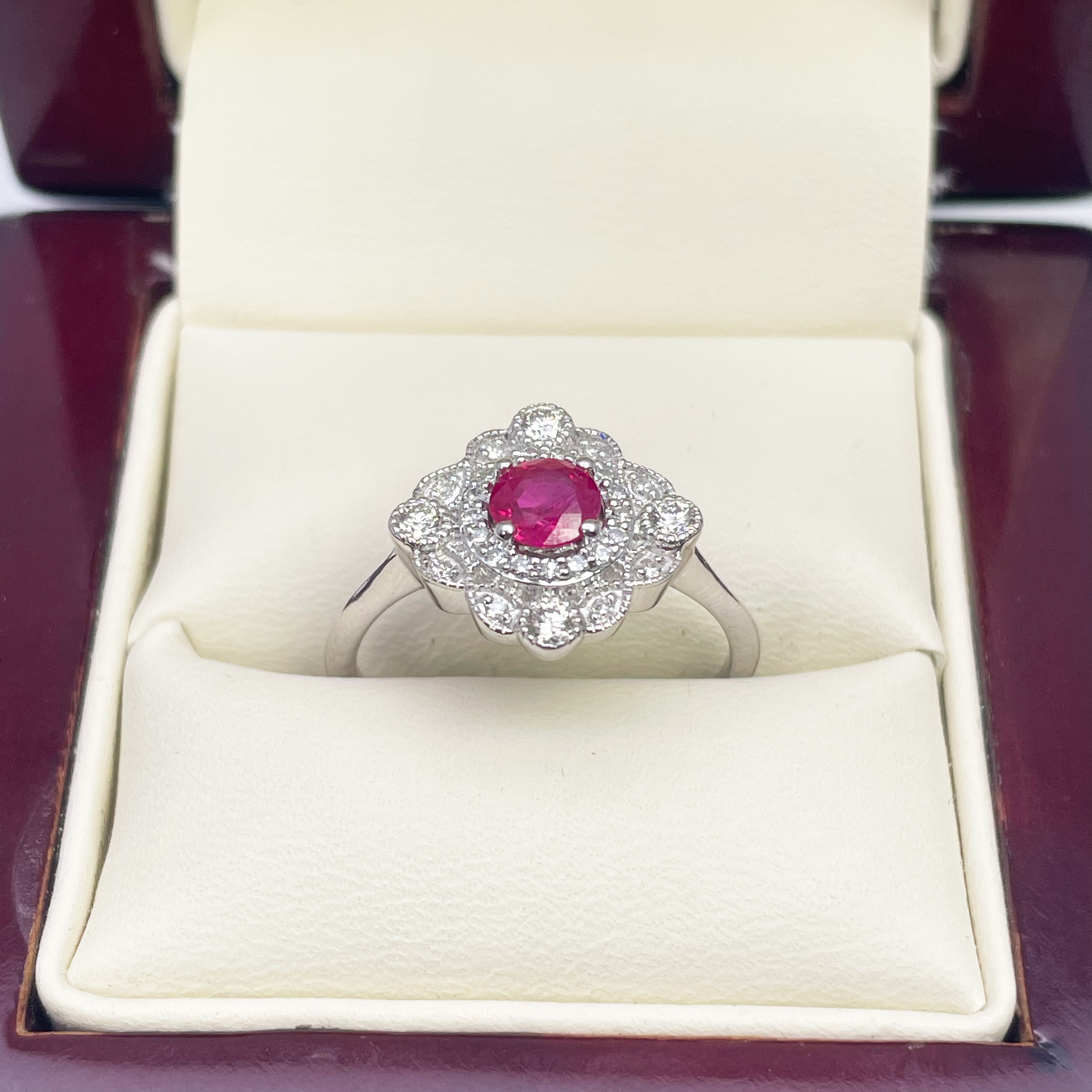 14ct White Gold Round Red Ruby & Diamond Cluster Milgrain Ring 0.72ct