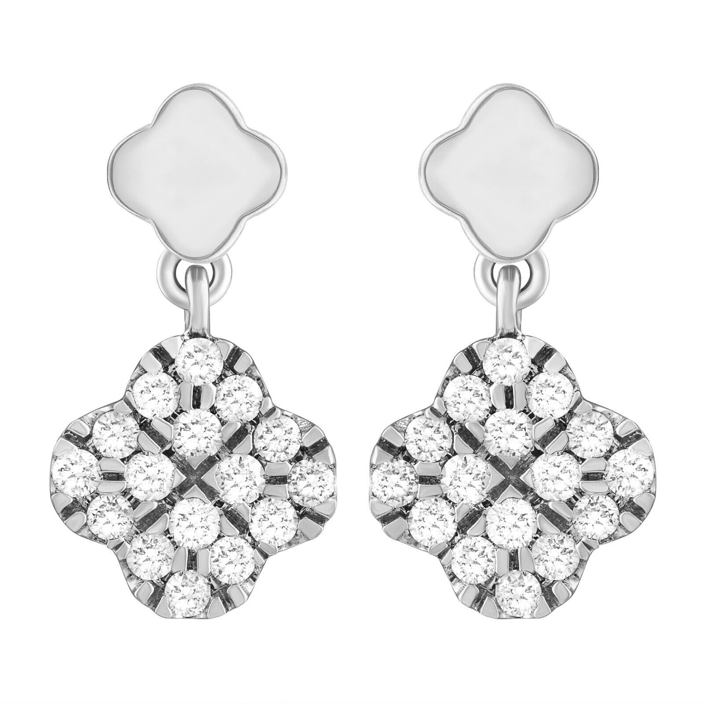 14ct White Gold Diamond Clover Drop Cluster Stud Earrings 0.21ct