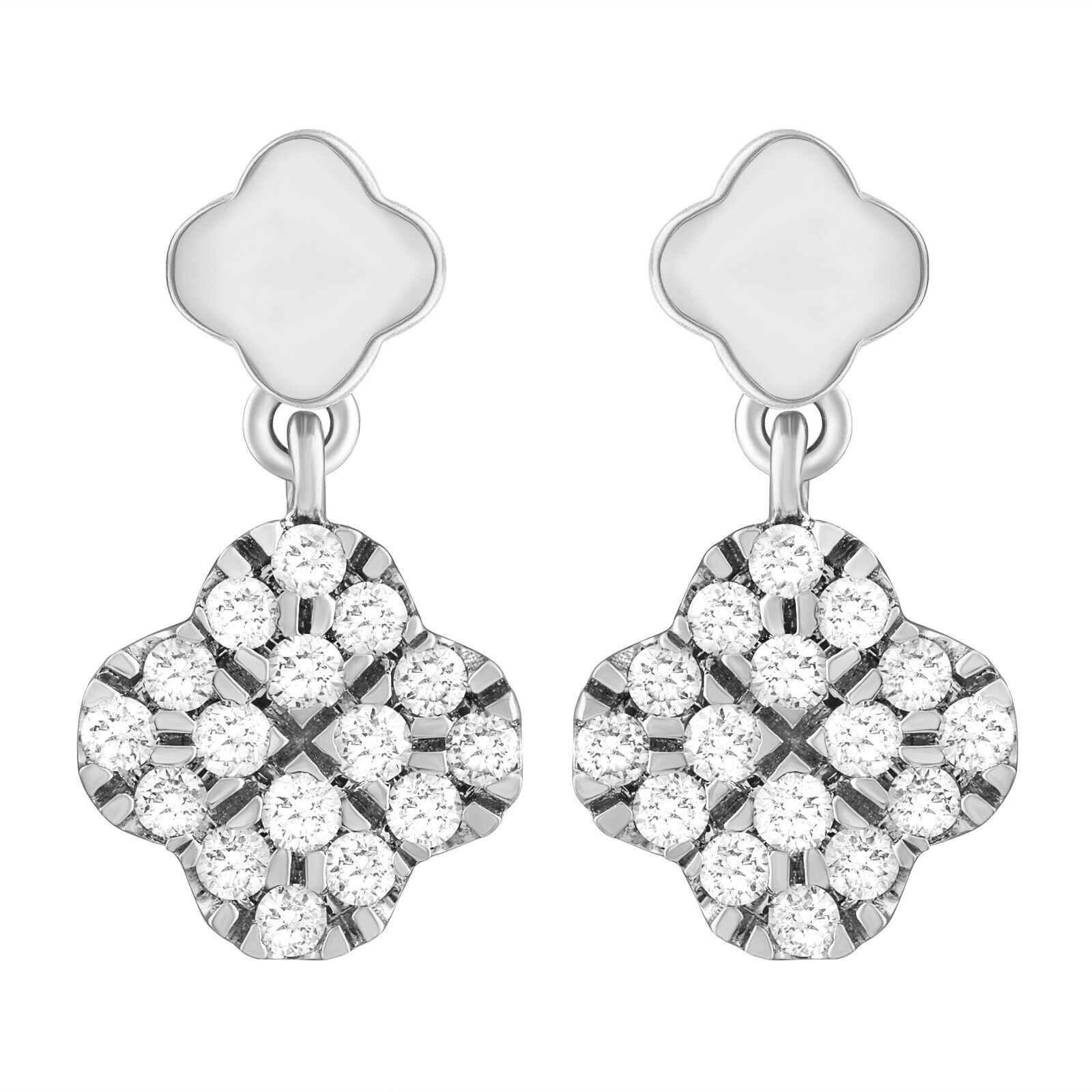 14ct White Gold Diamond Clover Drop Cluster Stud Earrings 0.21ct