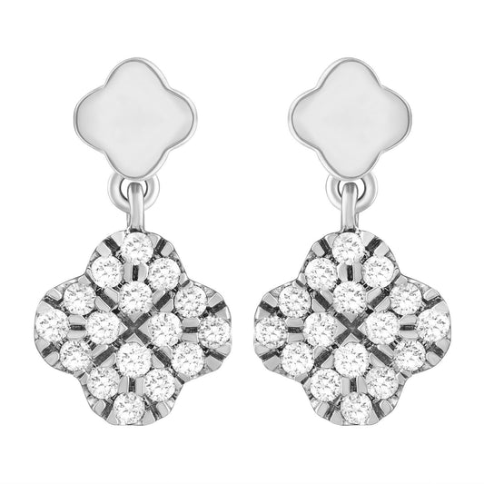 14ct White Gold Diamond Clover Drop Cluster Stud Earrings 0.21ct